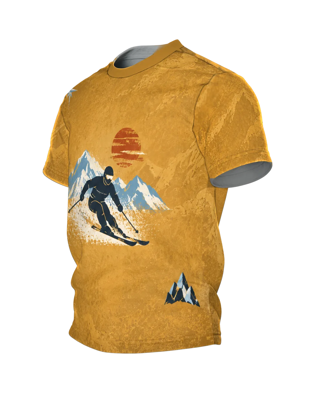 Retro Skifahrer im Alpenpanorama T-Shirt: Ockergelb mit eisblauen Bergen und roter Sonne, hinten gekreuzte Ski, rundum bedruckt, Seitenansicht rechts