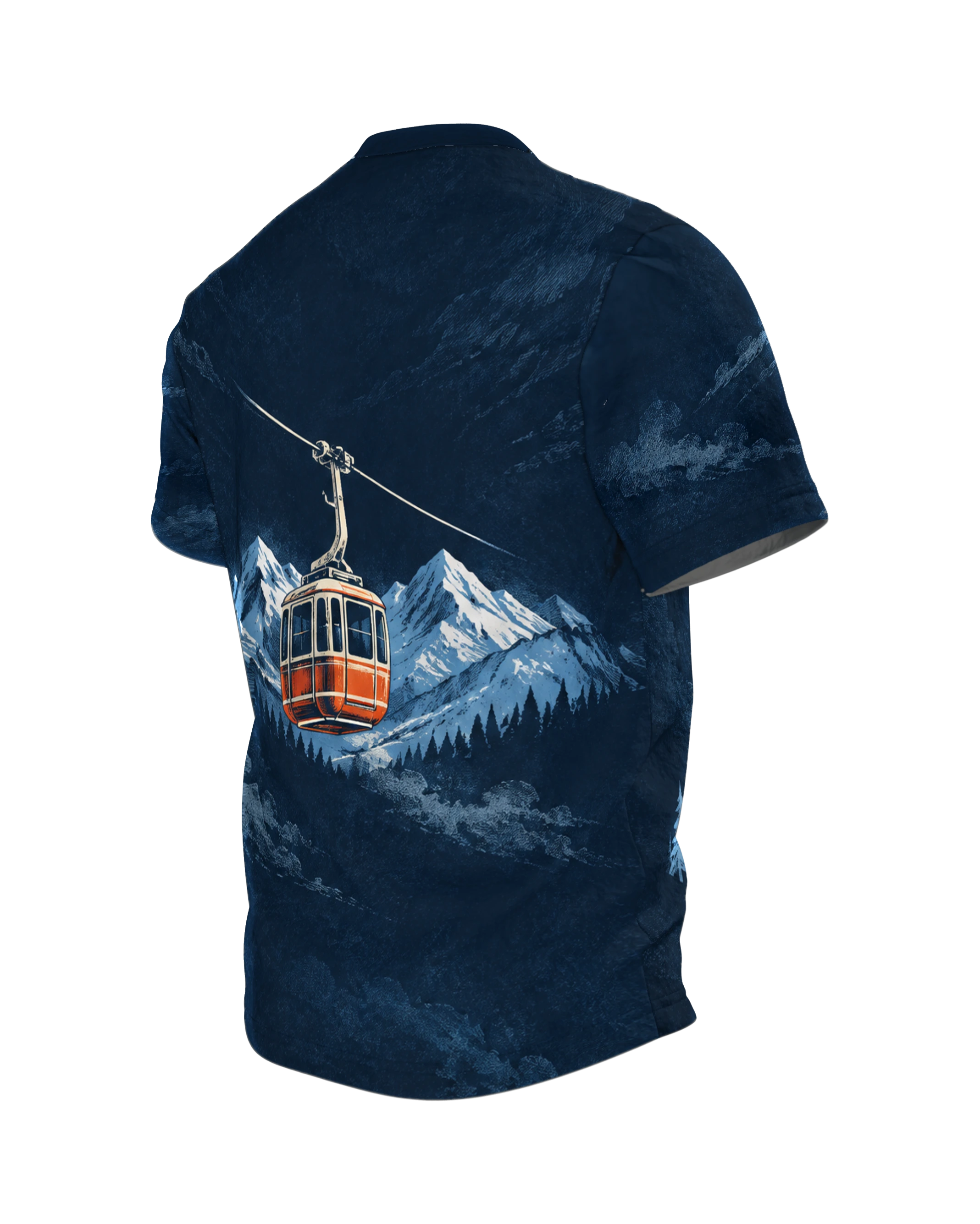 Retro Skier Alpine Panorama T-Shirt: night blue with a skier in orange red, a cable car gondola on the back, printed all over, Back, angled left