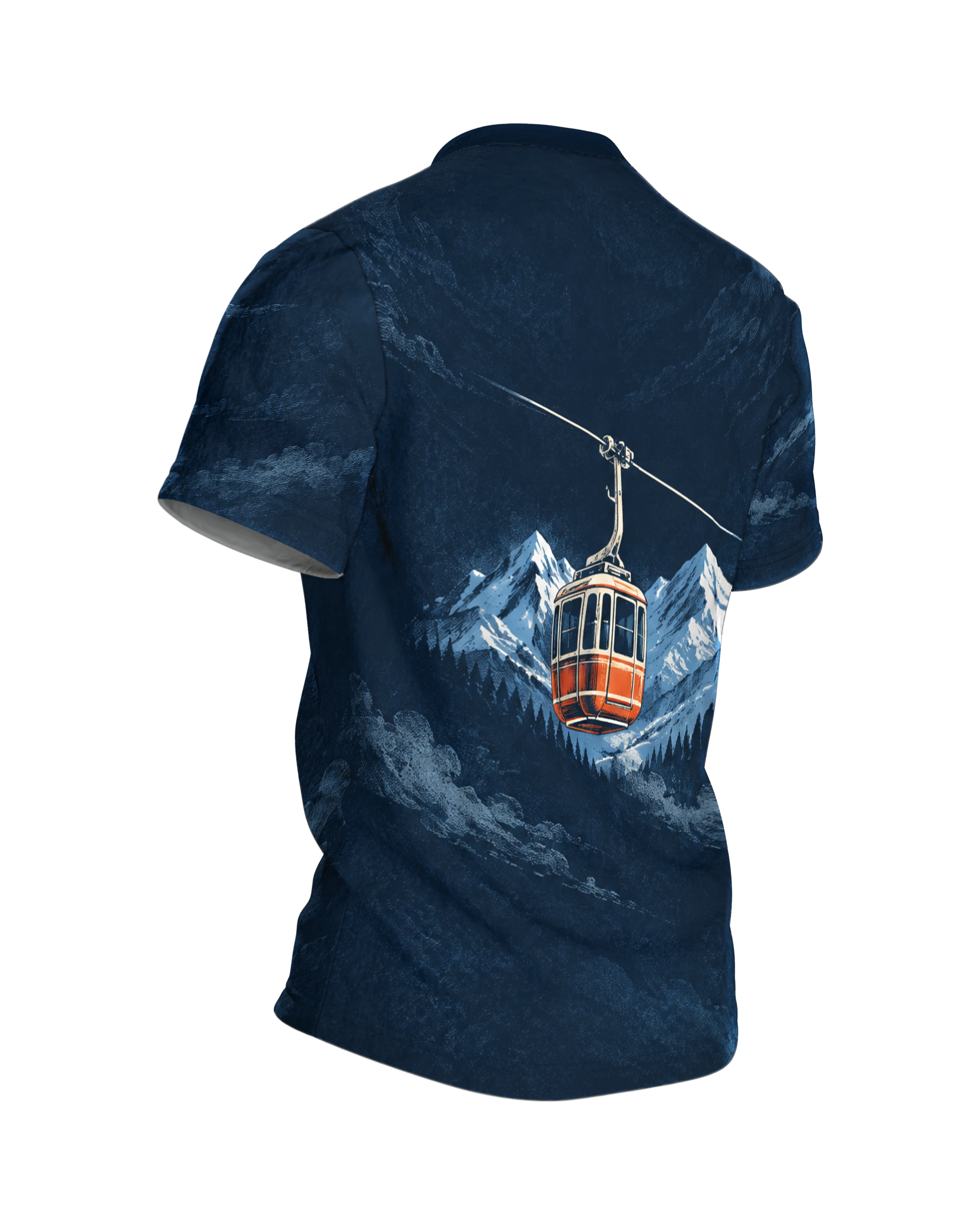Retro Skier Alpine Panorama T-Shirt: night blue with a skier in orange red, a cable car gondola on the back, printed all over, Back, angled right