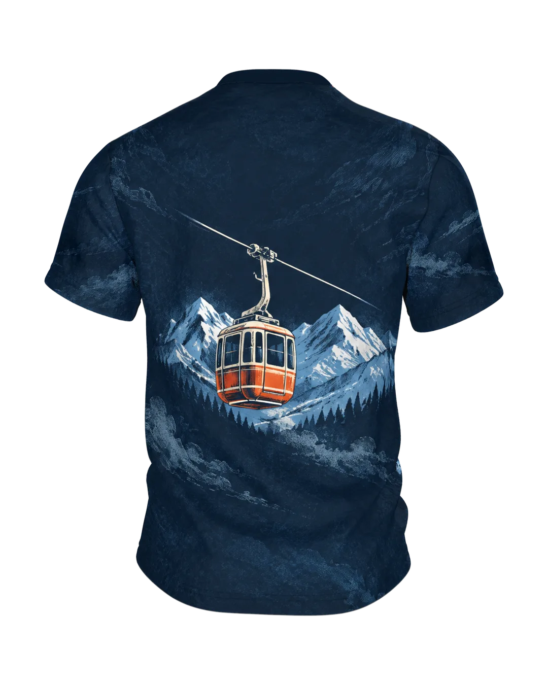Retro Skier Alpine Panorama T-Shirt: night blue with a skier in orange red, a cable car gondola on the back, printed all over, Back