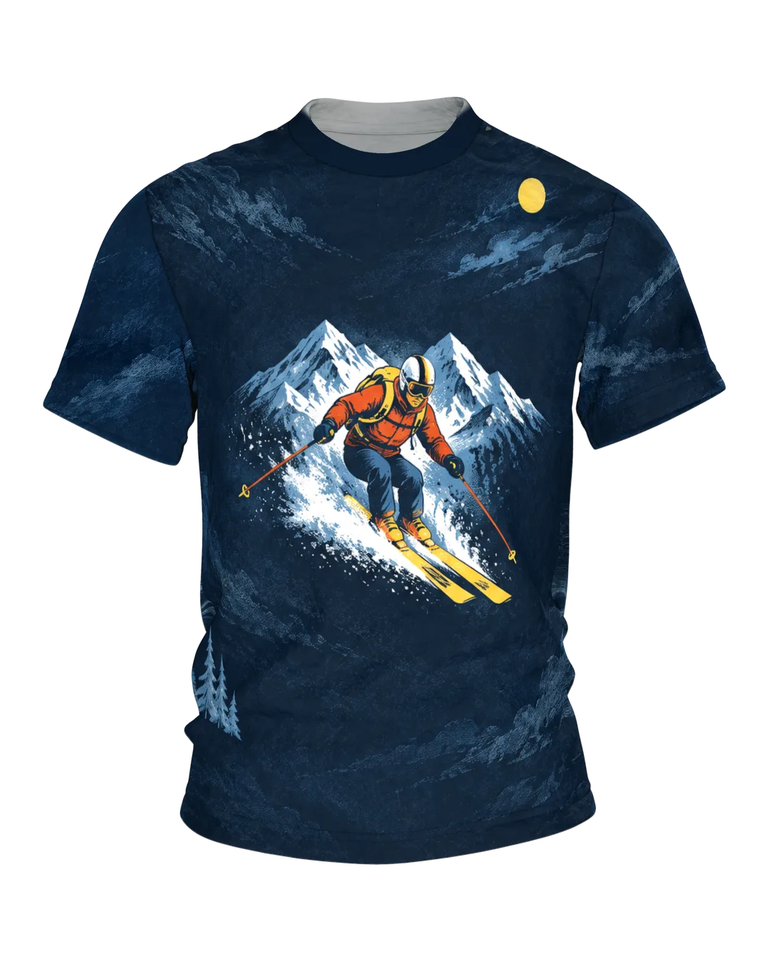 Retro Skifahrer Alpenpanorama T-Shirt: Nachtblau mit Skifahrer in Orangerot, hinten eine Seilbahn-Gondel, rundum bedruckt