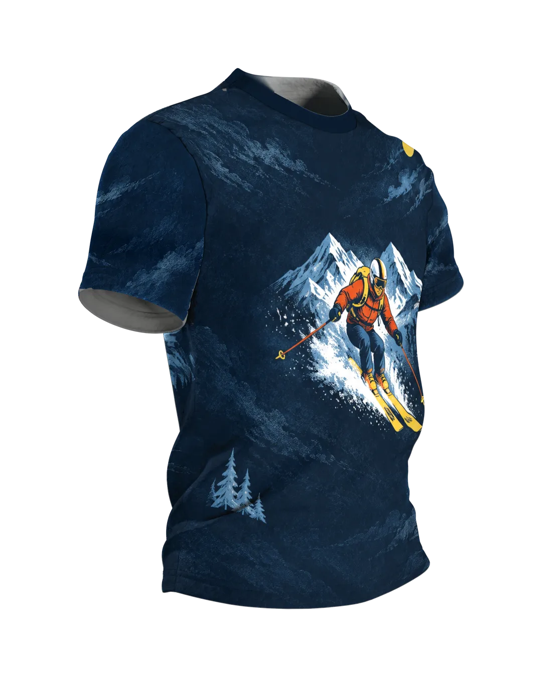 Retro Skier Alpine Panorama T-Shirt: night blue with a skier in orange red, a cable car gondola on the back, printed all over, Side view, left