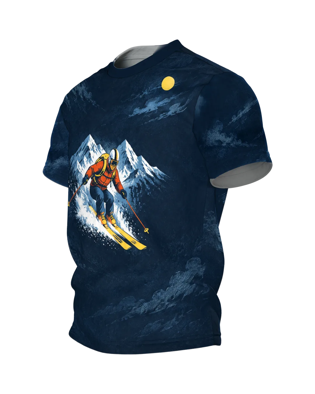 Retro Skier Alpine Panorama T-Shirt: night blue with a skier in orange red, a cable car gondola on the back, printed all over, Side view, right