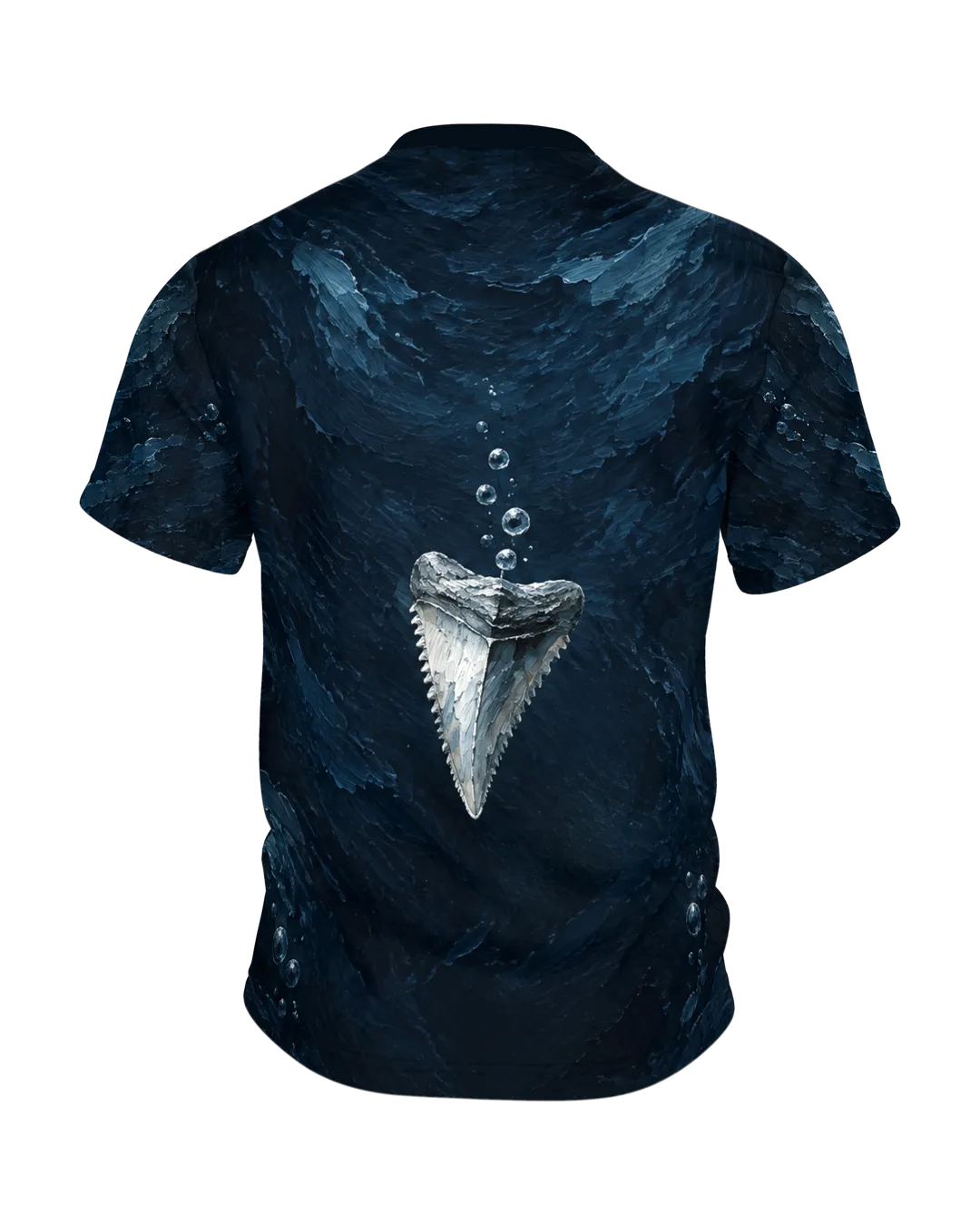 Weißer Hai Shirt: Haikopf in dicker Ölfarbe mit offenem Maul, hinten ein sinkender Haizahn, rundum bedruckt, Rückseite