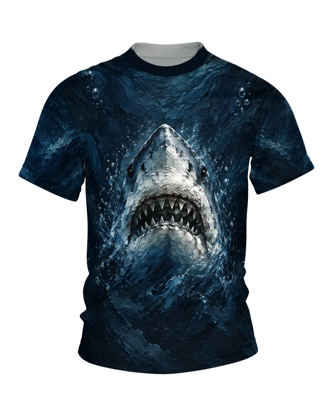 Great White Shark Shirt: shark head in thick oil paint with open mouth, a sinking shark tooth on the back, printed all over