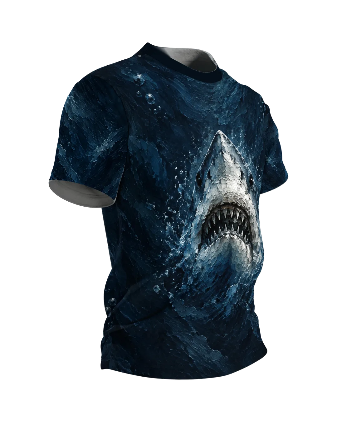 Weißer Hai Shirt: Haikopf in dicker Ölfarbe mit offenem Maul, hinten ein sinkender Haizahn, rundum bedruckt, Seitenansicht links