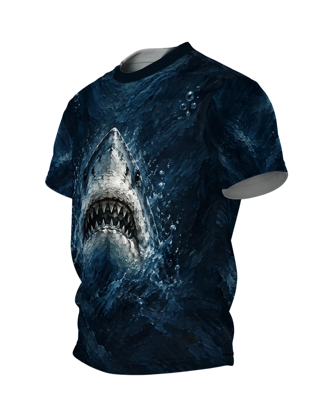 Weißer Hai Shirt: Haikopf in dicker Ölfarbe mit offenem Maul, hinten ein sinkender Haizahn, rundum bedruckt, Seitenansicht rechts