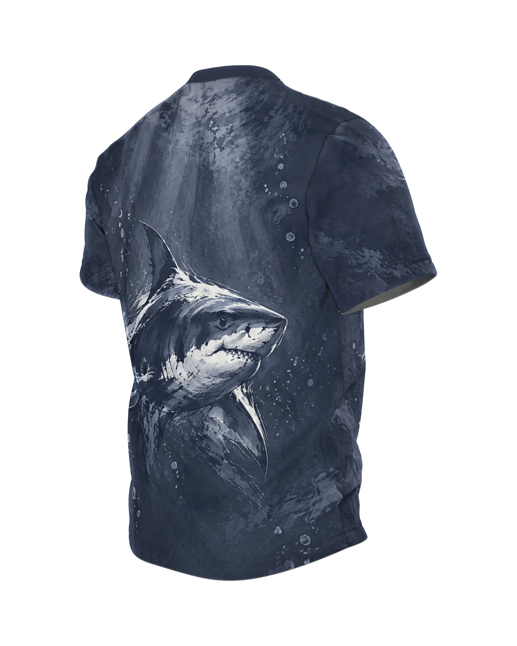 Great White Shark T-Shirt: shark head in rough ink strokes on night blue, the shark under rays of light on the back, printed all over, Back, angled left