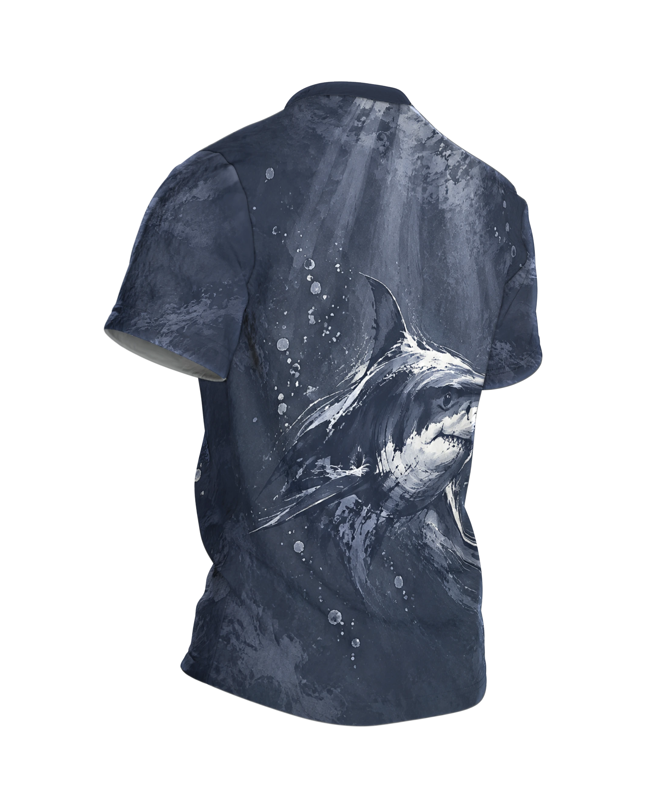 Great White Shark T-Shirt: shark head in rough ink strokes on night blue, the shark under rays of light on the back, printed all over, Back, angled right