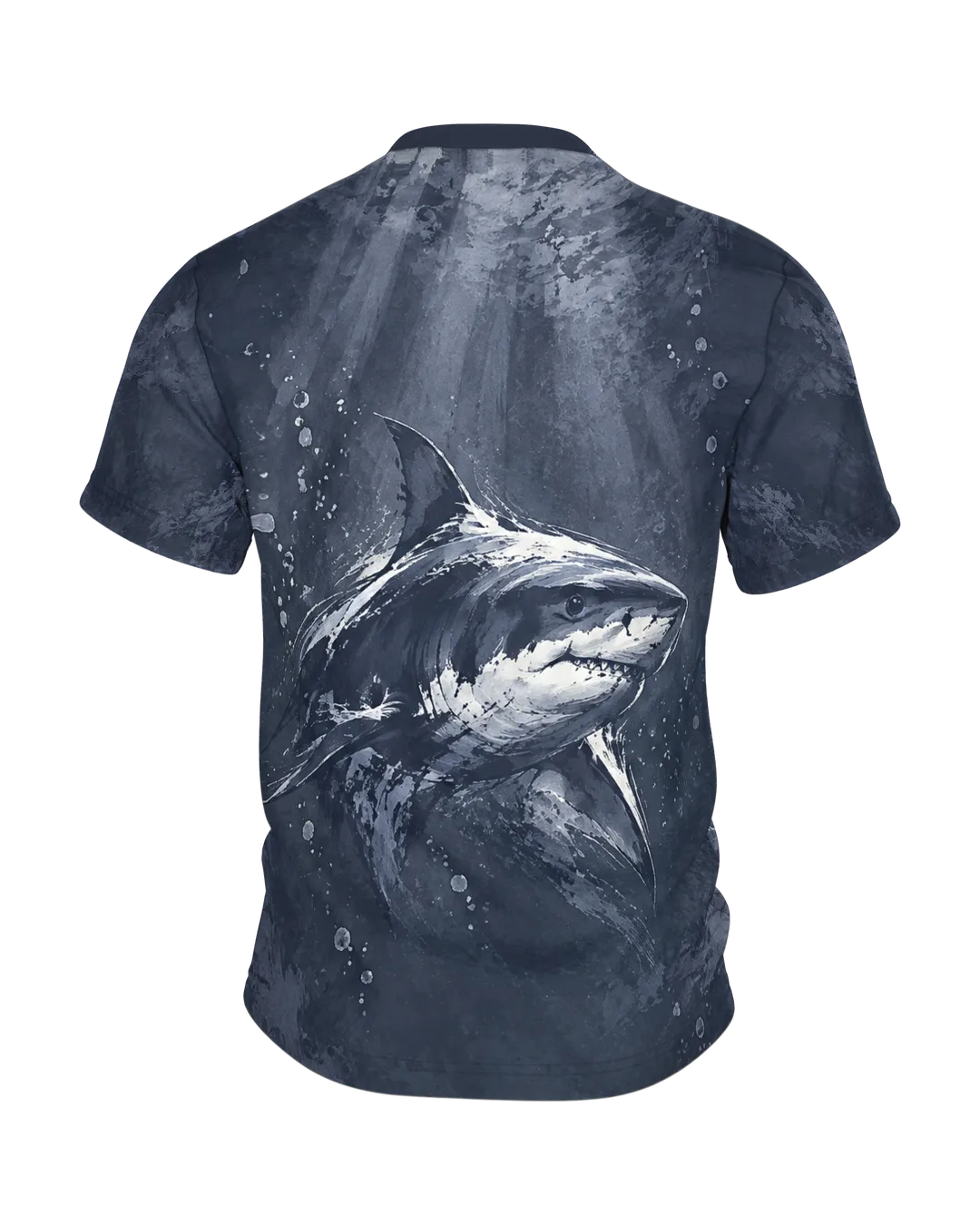 Great White Shark T-Shirt: shark head in rough ink strokes on night blue, the shark under rays of light on the back, printed all over, Back