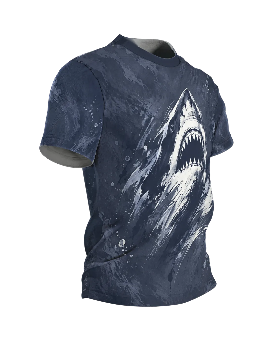 Great White Shark T-Shirt: shark head in rough ink strokes on night blue, the shark under rays of light on the back, printed all over, Side view, left