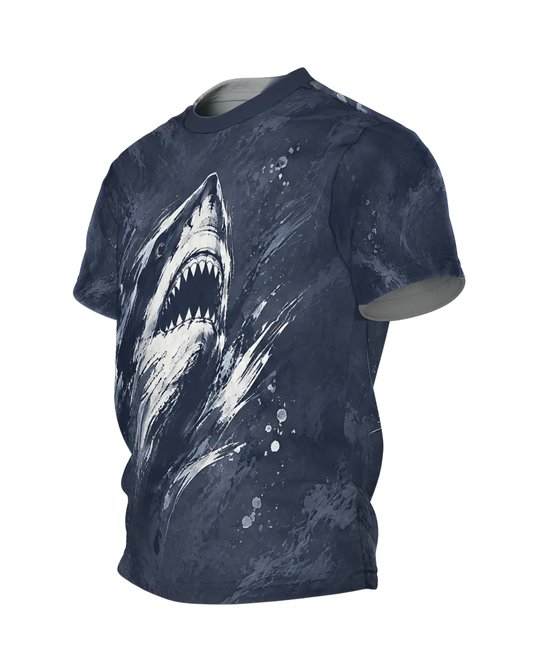 Great White Shark T-Shirt: shark head in rough ink strokes on night blue, the shark under rays of light on the back, printed all over, Side view, right