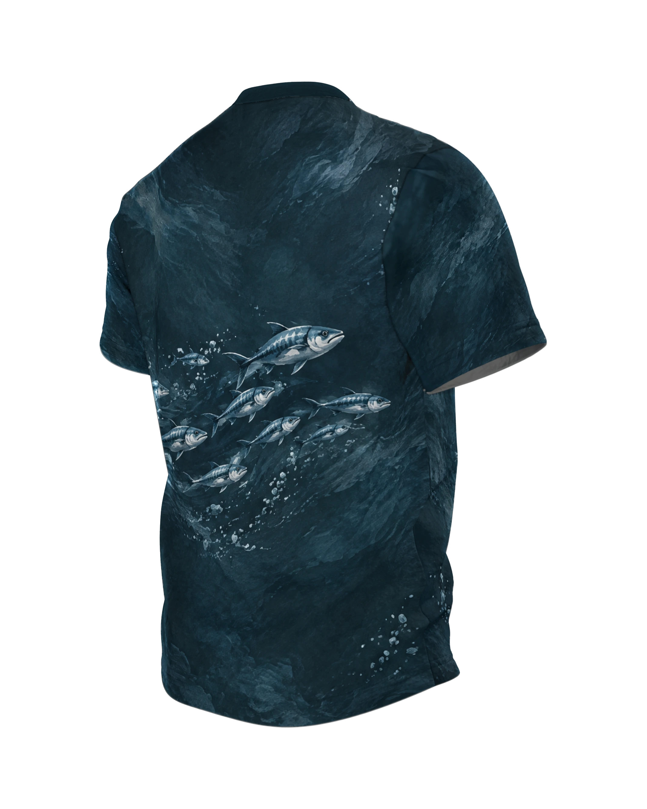 Rising Great White Shark T-Shirt: seen from above in a gouache look, a school of fish on the back, printed all over, Back, angled left