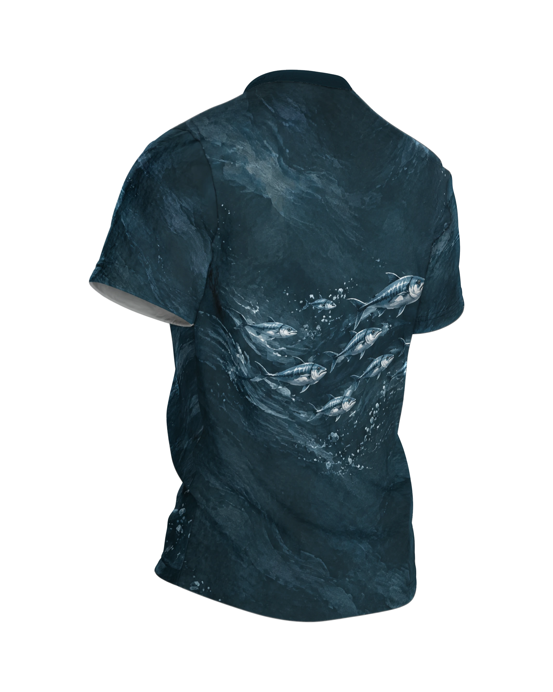 Rising Great White Shark T-Shirt: seen from above in a gouache look, a school of fish on the back, printed all over, Back, angled right