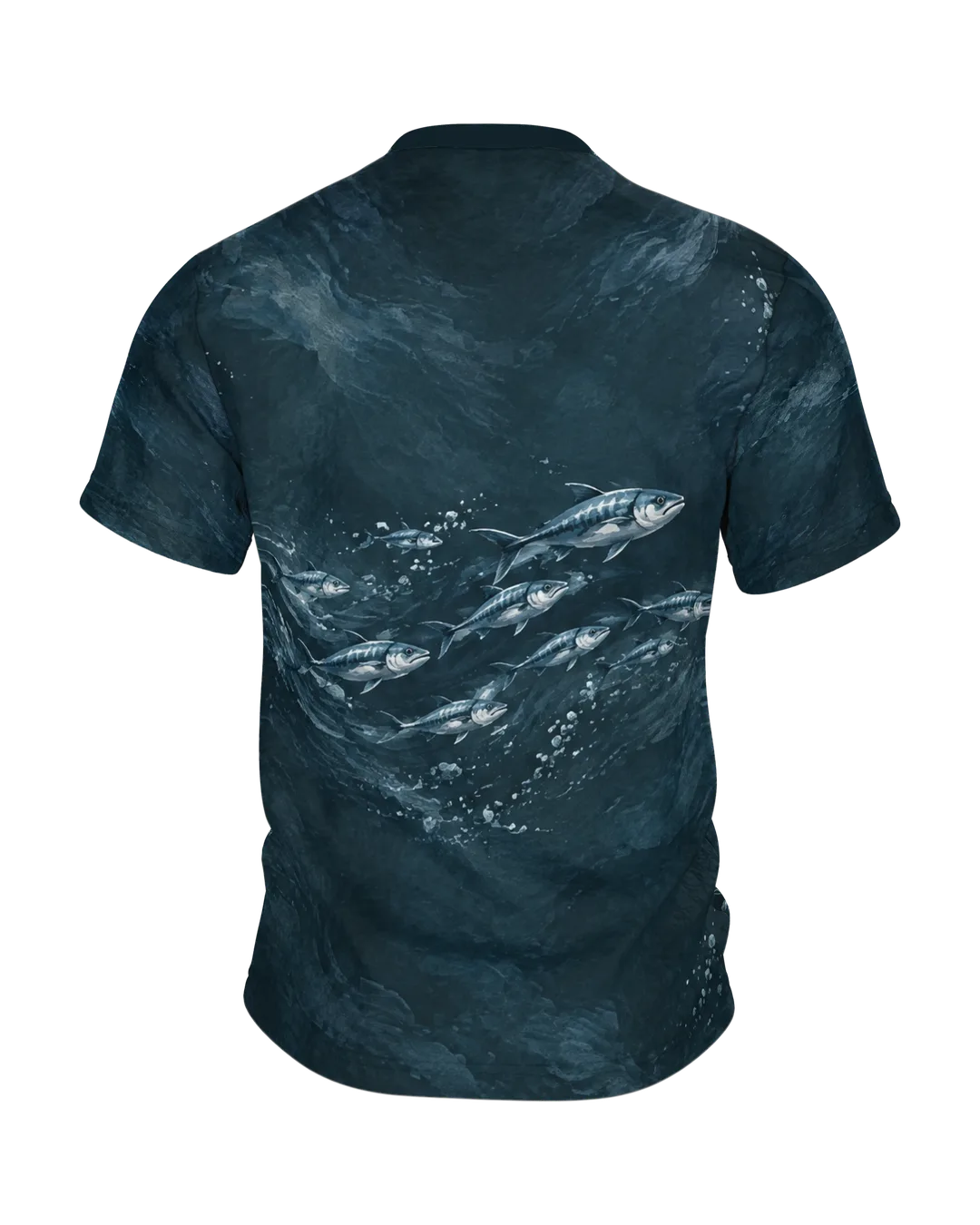 Rising Great White Shark T-Shirt: seen from above in a gouache look, a school of fish on the back, printed all over, Back
