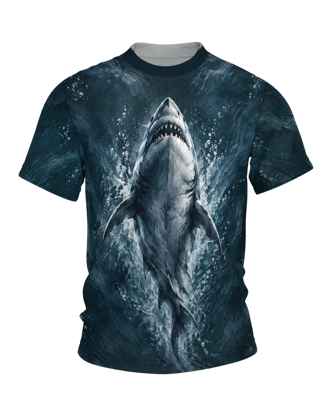 Rising Great White Shark T-Shirt: seen from above in a gouache look, a school of fish on the back, printed all over