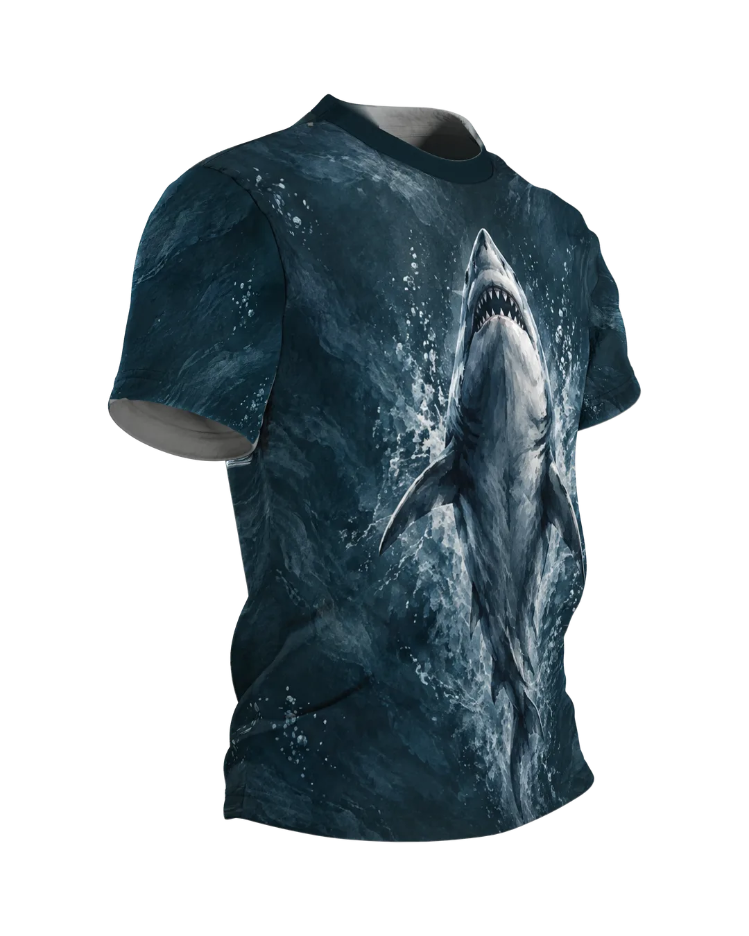 Rising Great White Shark T-Shirt: seen from above in a gouache look, a school of fish on the back, printed all over, Side view, left