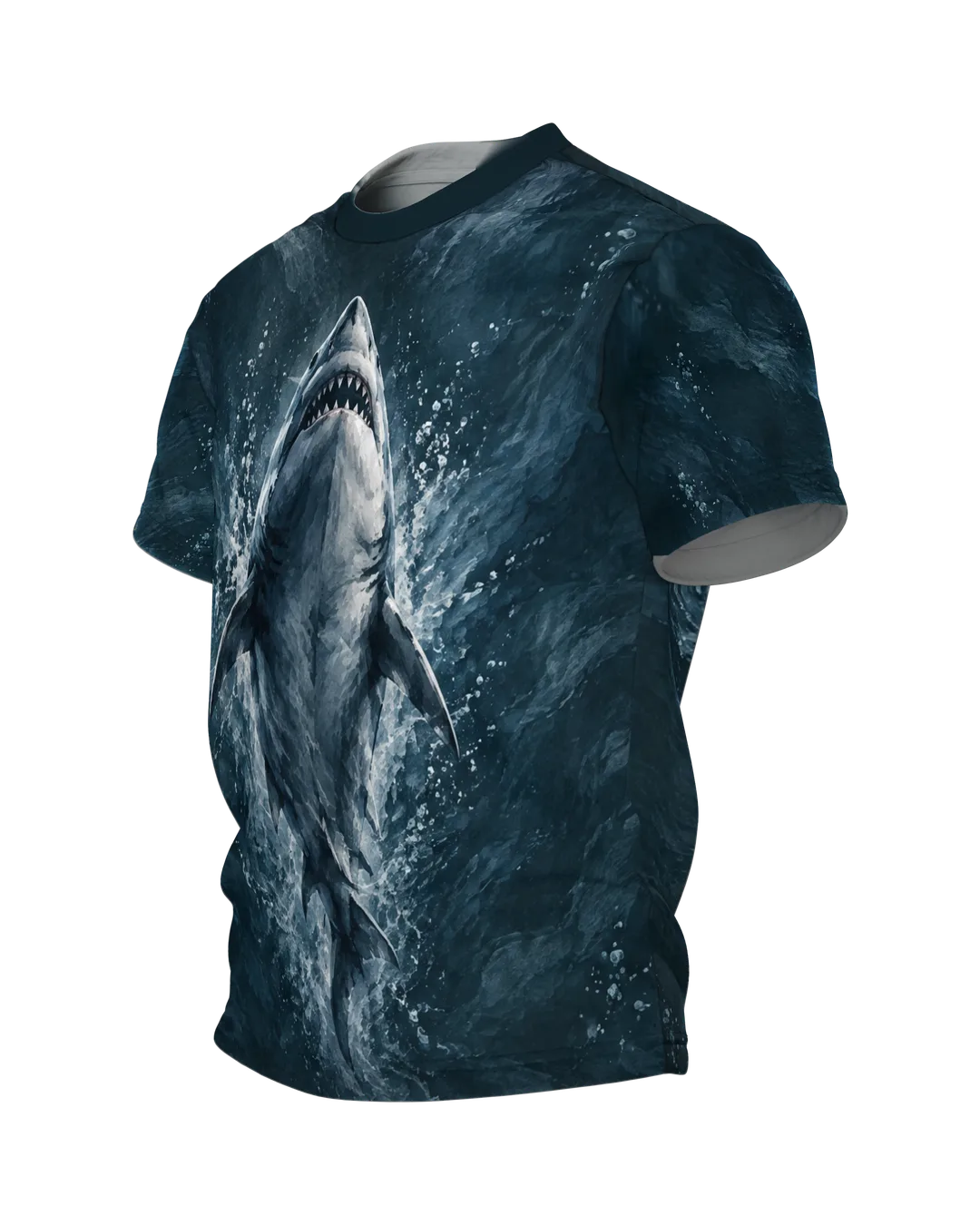 Rising Great White Shark T-Shirt: seen from above in a gouache look, a school of fish on the back, printed all over, Side view, right