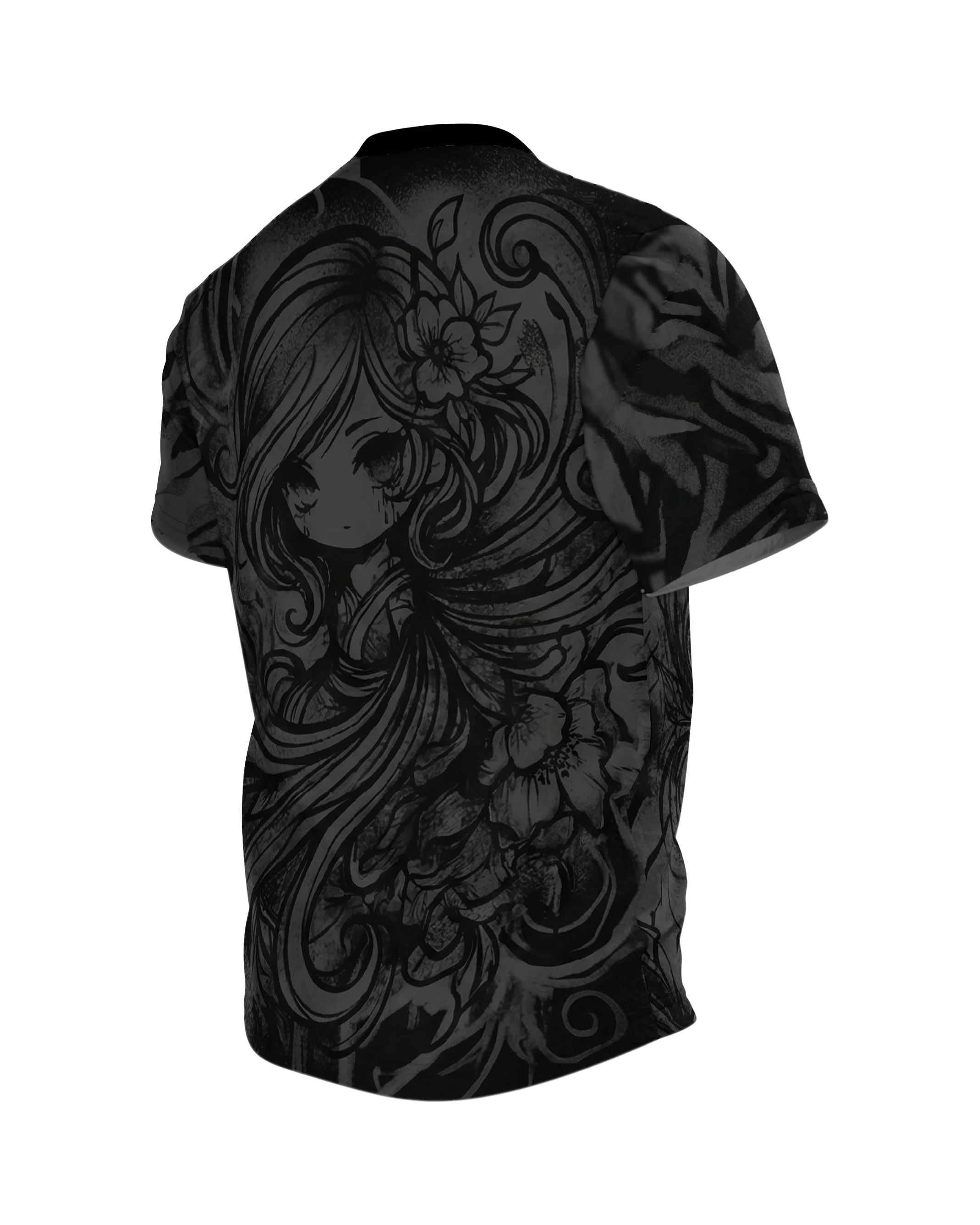 Dark Chibi T-Shirt, Anime-Mädchen in Schnörkel-Tinte, Ton-in-Ton vorn, klare Zeichnung am Rücken, Rückseite schräg links