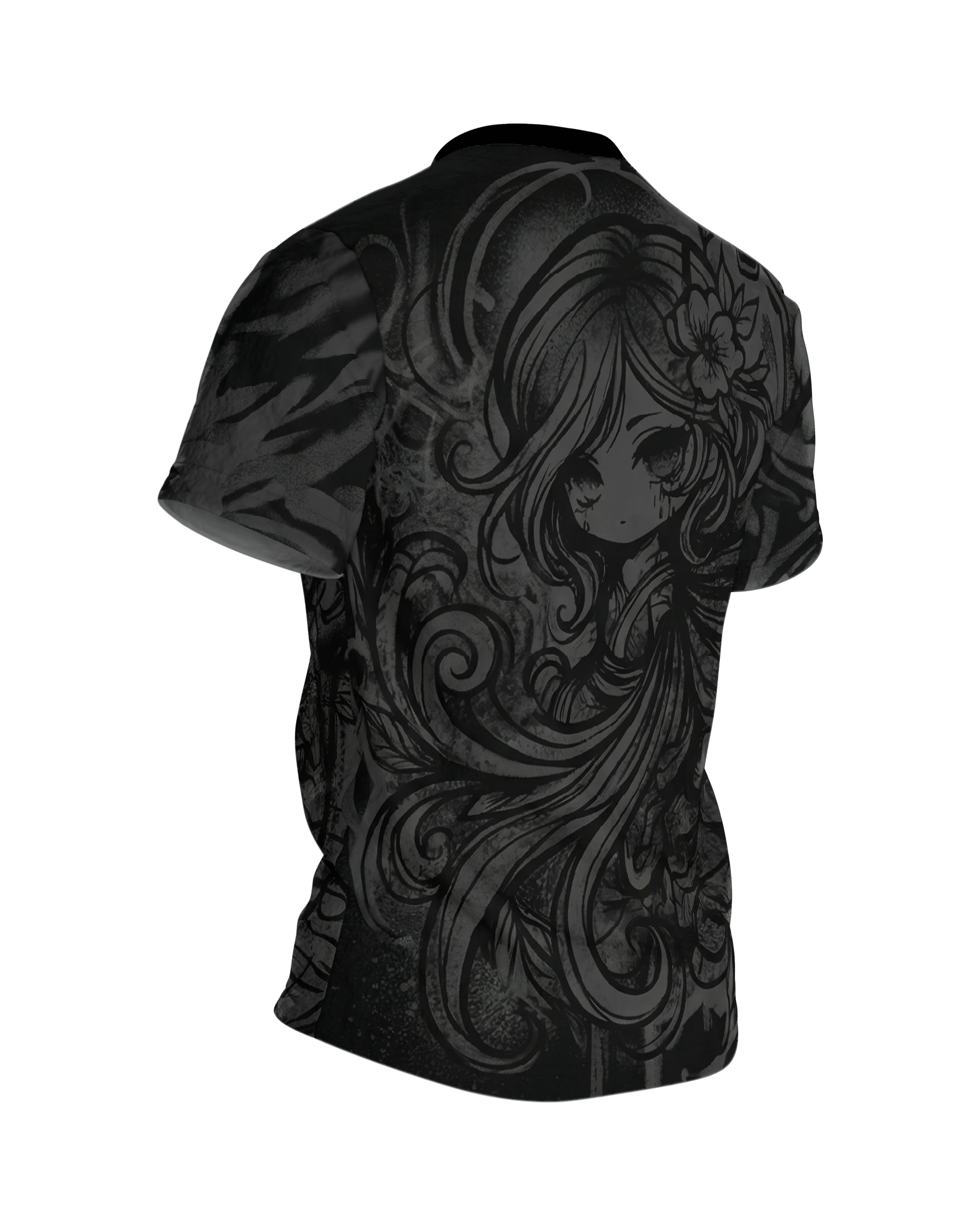 Dark Chibi T-Shirt, Anime-Mädchen in Schnörkel-Tinte, Ton-in-Ton vorn, klare Zeichnung am Rücken, Rückseite schräg rechts