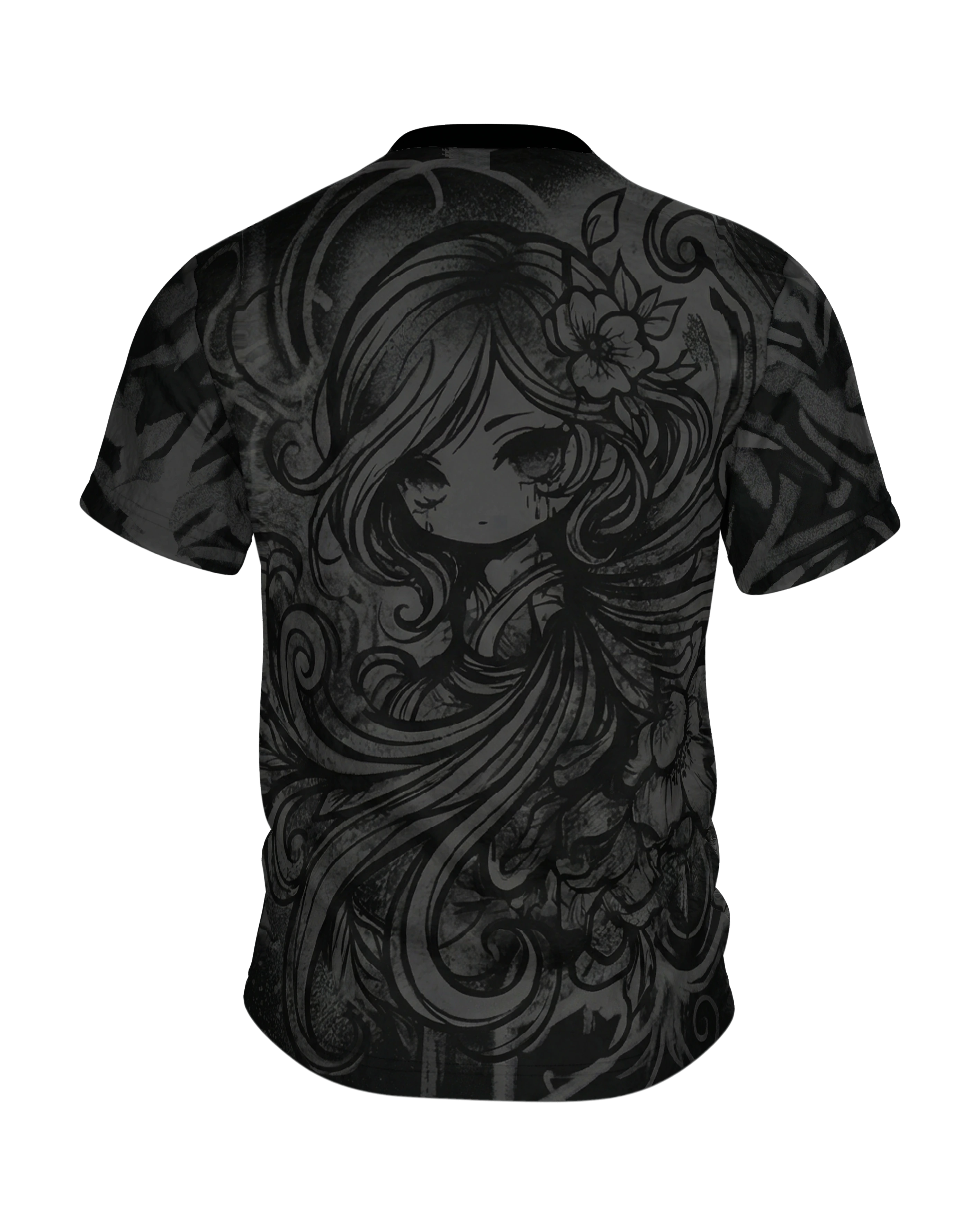 Dark Chibi T-Shirt, Anime-Mädchen in Schnörkel-Tinte, Ton-in-Ton vorn, klare Zeichnung am Rücken, Rückseite