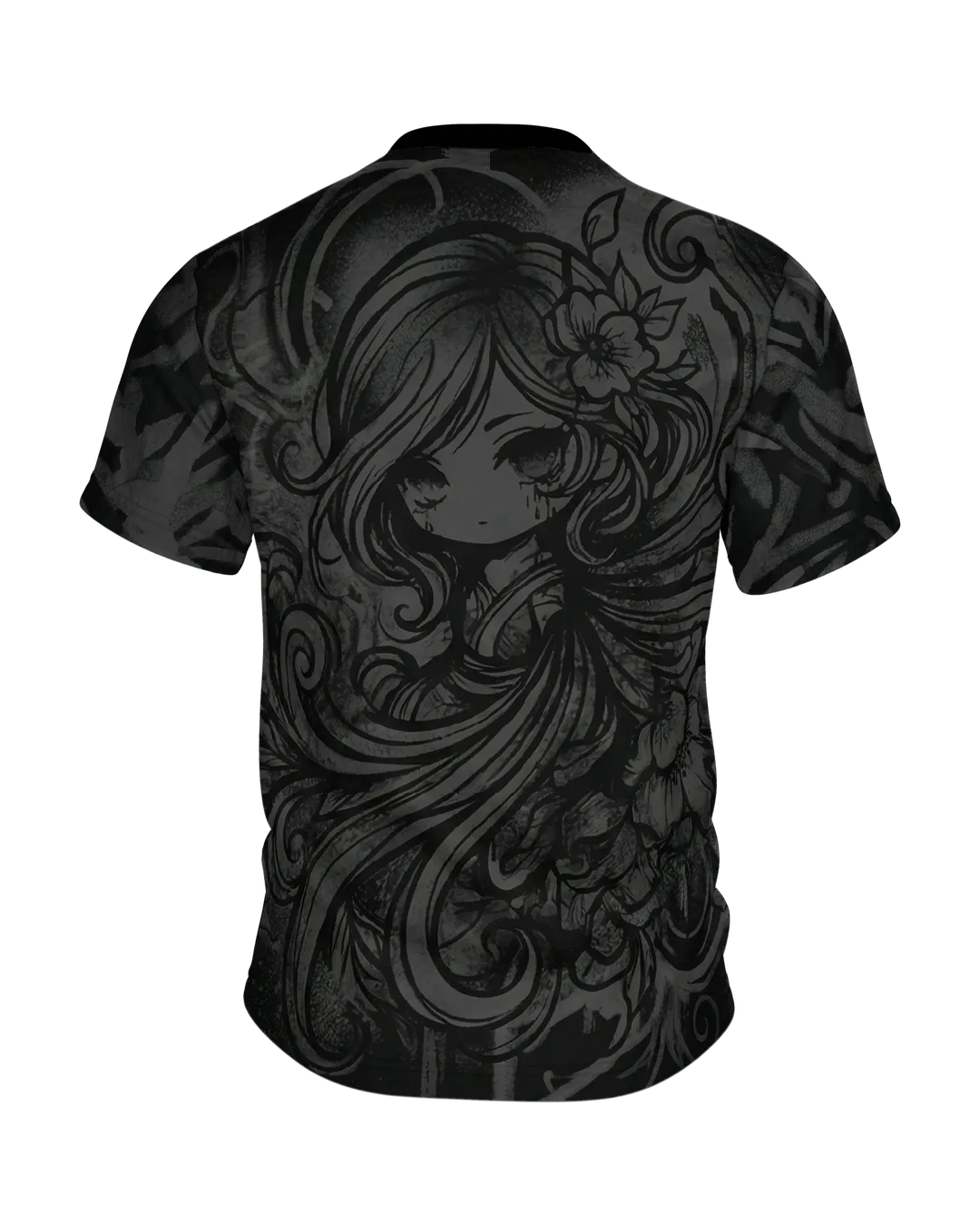 Dark Chibi T-Shirt, Anime-Mädchen in Schnörkel-Tinte, Ton-in-Ton vorn, klare Zeichnung am Rücken, Rückseite