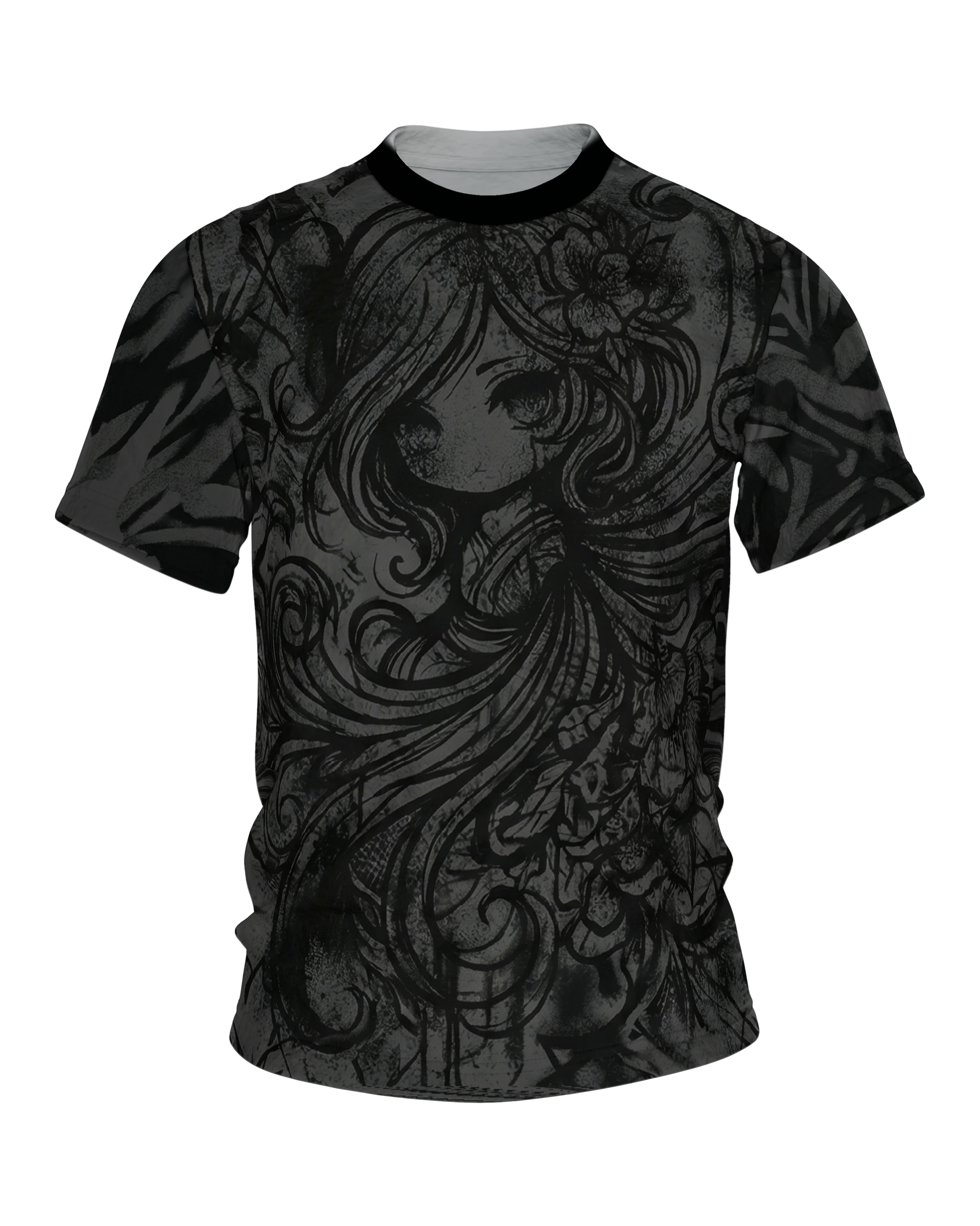 Dark Chibi T-Shirt, Anime-Mädchen in Schnörkel-Tinte, Ton-in-Ton vorn, klare Zeichnung am Rücken