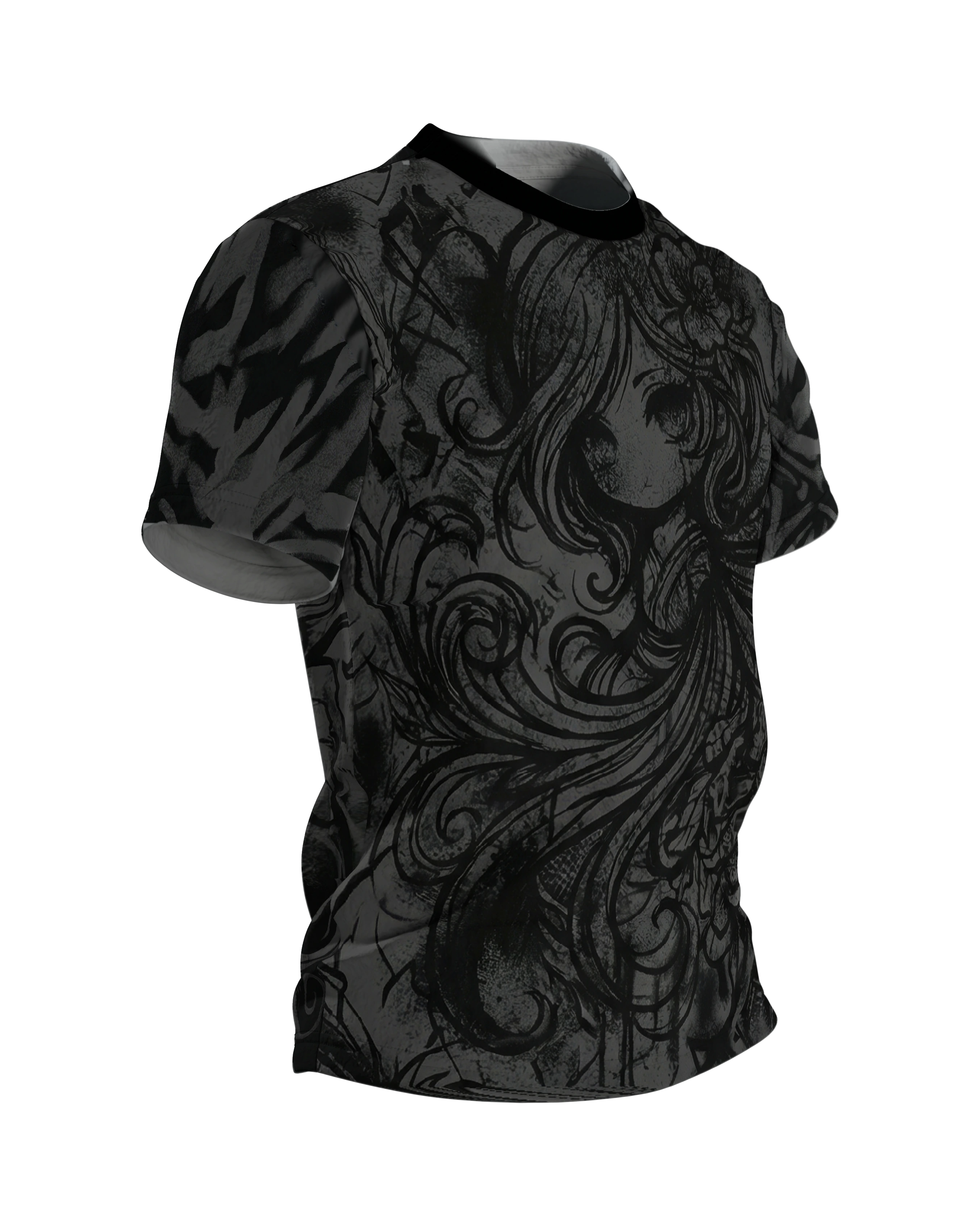 Dark Chibi T-Shirt, Anime-Mädchen in Schnörkel-Tinte, Ton-in-Ton vorn, klare Zeichnung am Rücken, Seitenansicht links