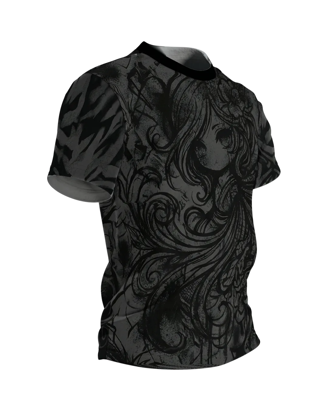 Dark Chibi T-Shirt, Anime-Mädchen in Schnörkel-Tinte, Ton-in-Ton vorn, klare Zeichnung am Rücken, Seitenansicht links