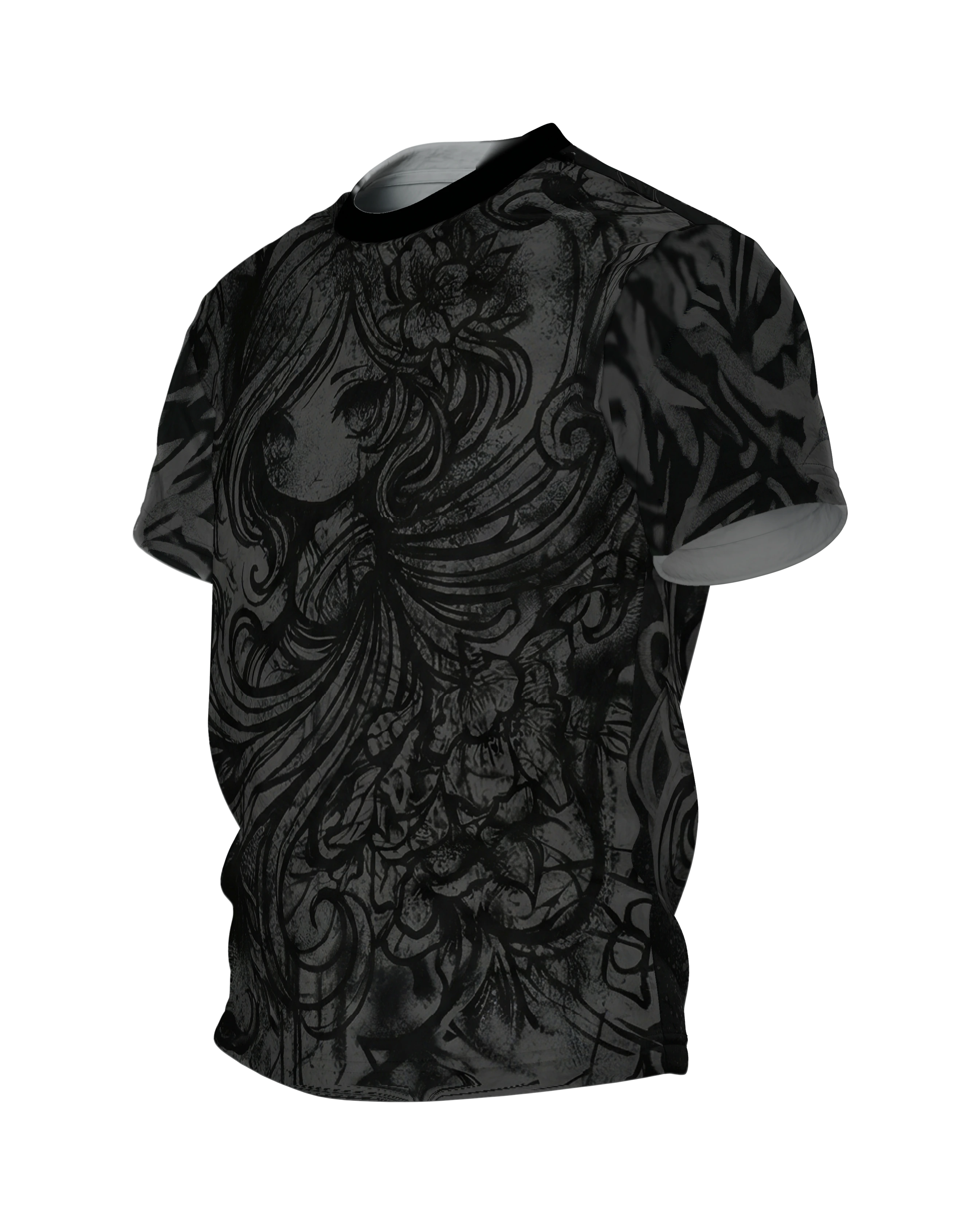 Dark Chibi T-Shirt, Anime-Mädchen in Schnörkel-Tinte, Ton-in-Ton vorn, klare Zeichnung am Rücken, Seitenansicht rechts