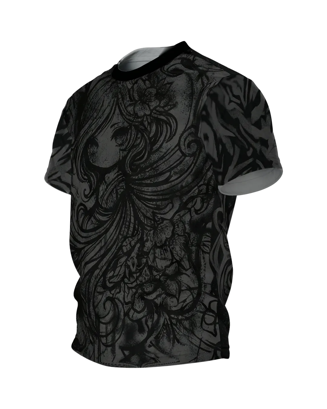 Dark Chibi T-Shirt, Anime-Mädchen in Schnörkel-Tinte, Ton-in-Ton vorn, klare Zeichnung am Rücken, Seitenansicht rechts