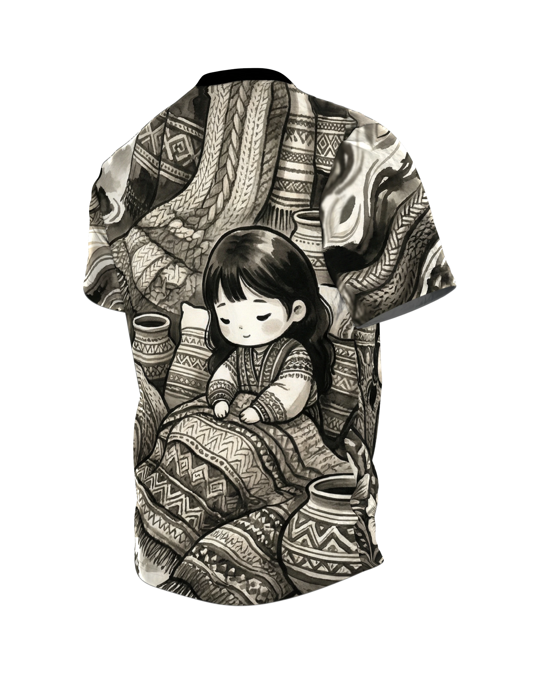 Traditionelles Chibi Mädchen T-Shirt: Ink Art, Rückseite schräg links