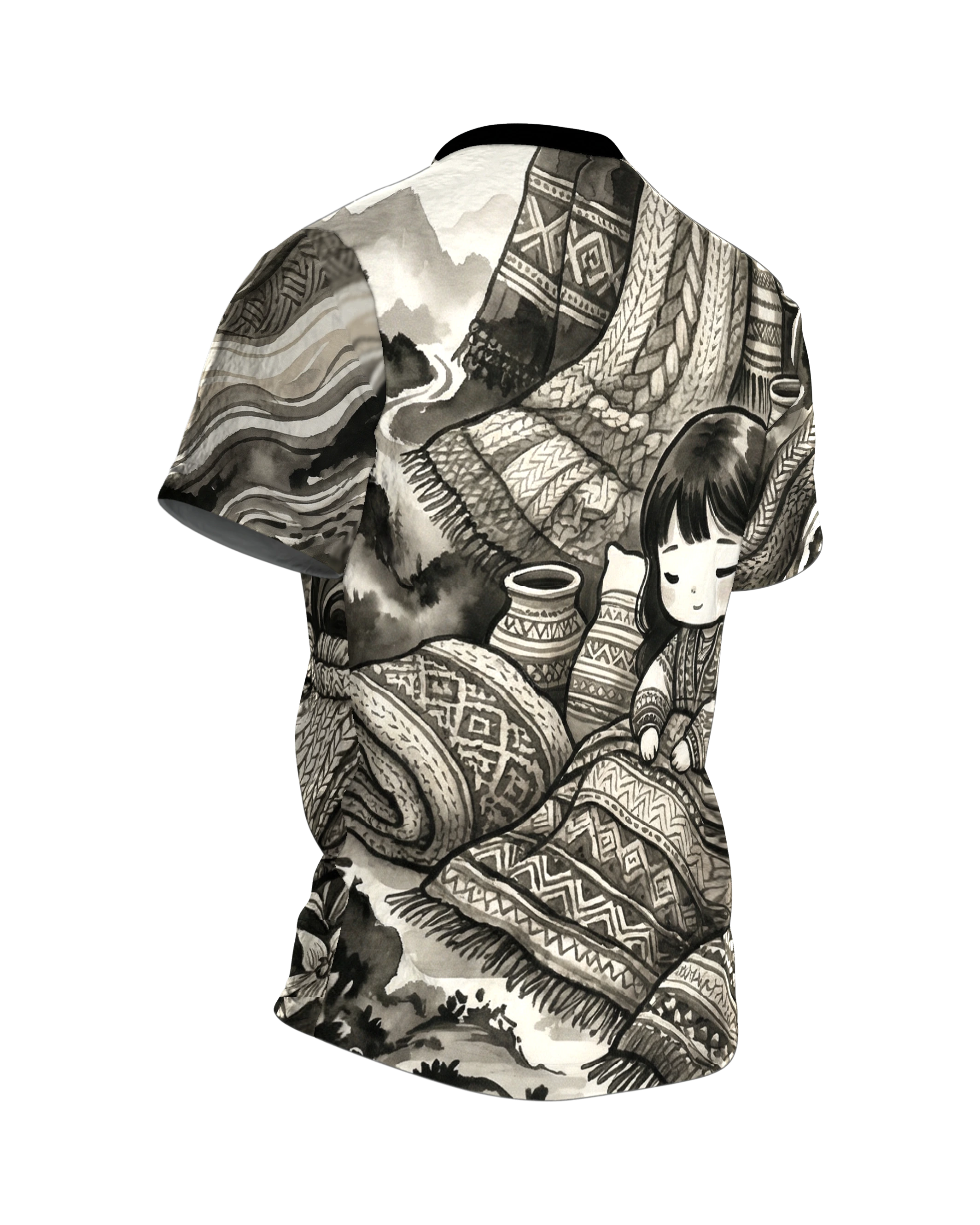 Traditionelles Chibi Mädchen T-Shirt: Ink Art, Rückseite schräg rechts
