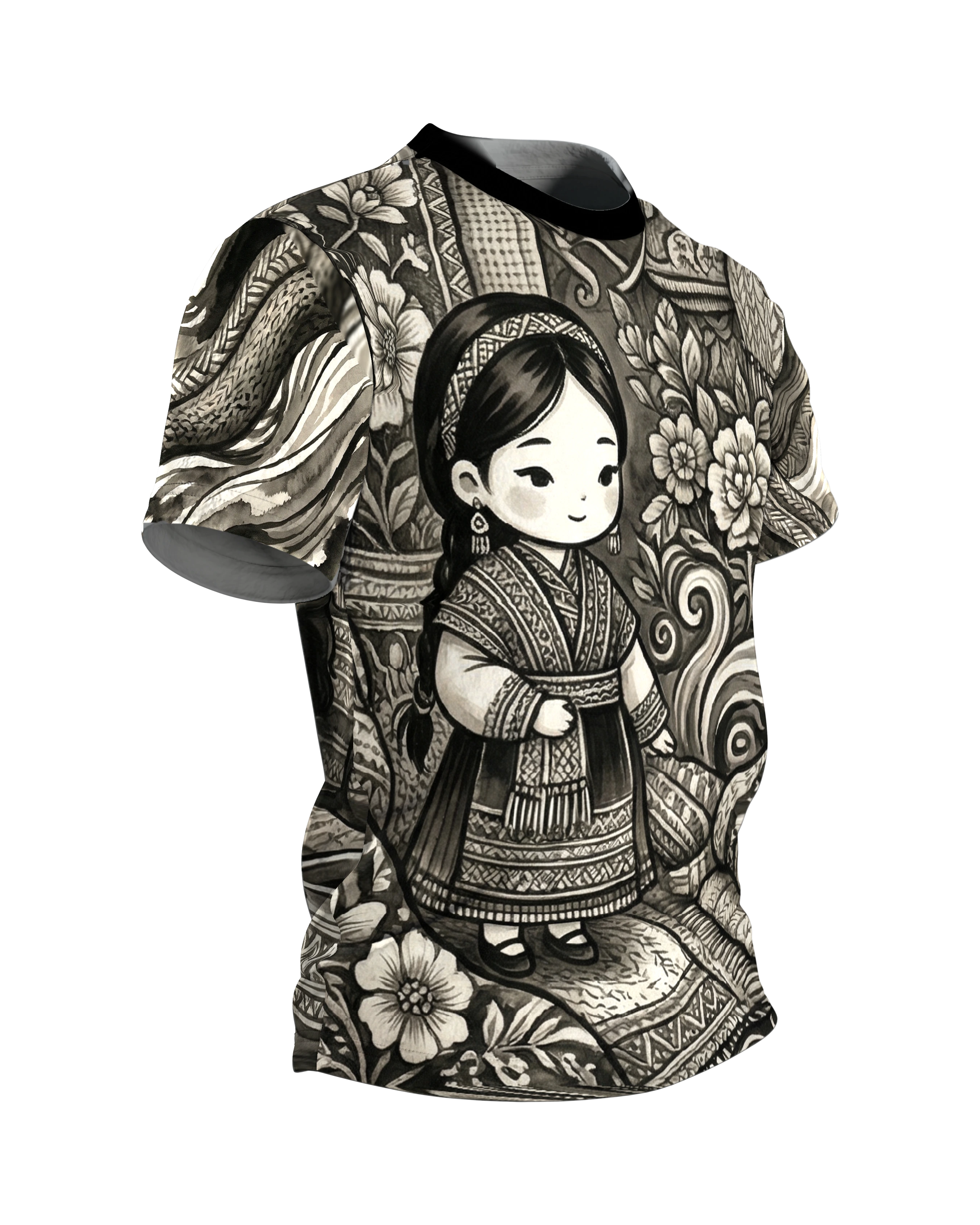Traditionelles Chibi Mädchen T-Shirt: Ink Art, Seitenansicht links