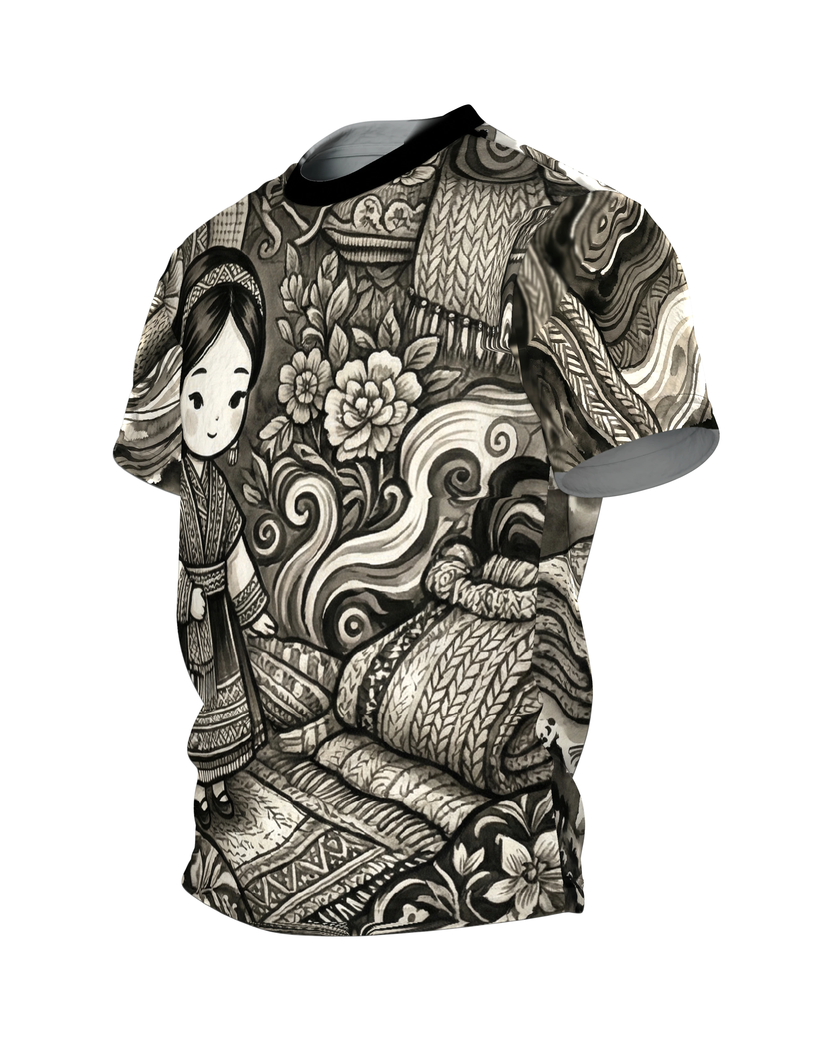 Traditionelles Chibi Mädchen T-Shirt: Ink Art, Seitenansicht rechts
