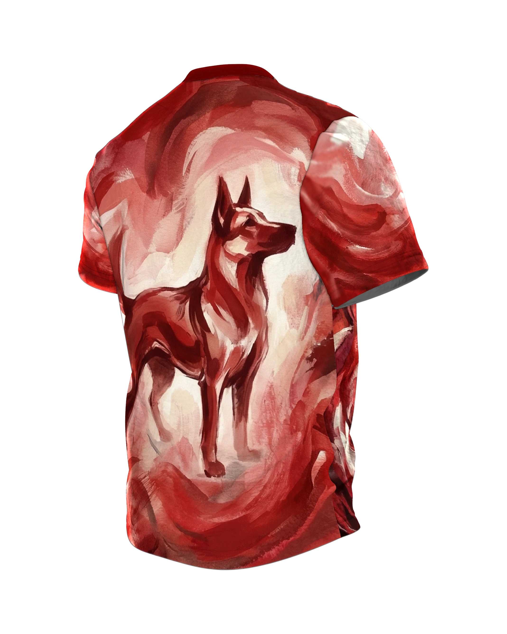 Feuriger Hund T-Shirt, expressive Malerei in Rot, Flammenwirbel vorn, Lichtfeld am Rücken, Rückseite schräg links