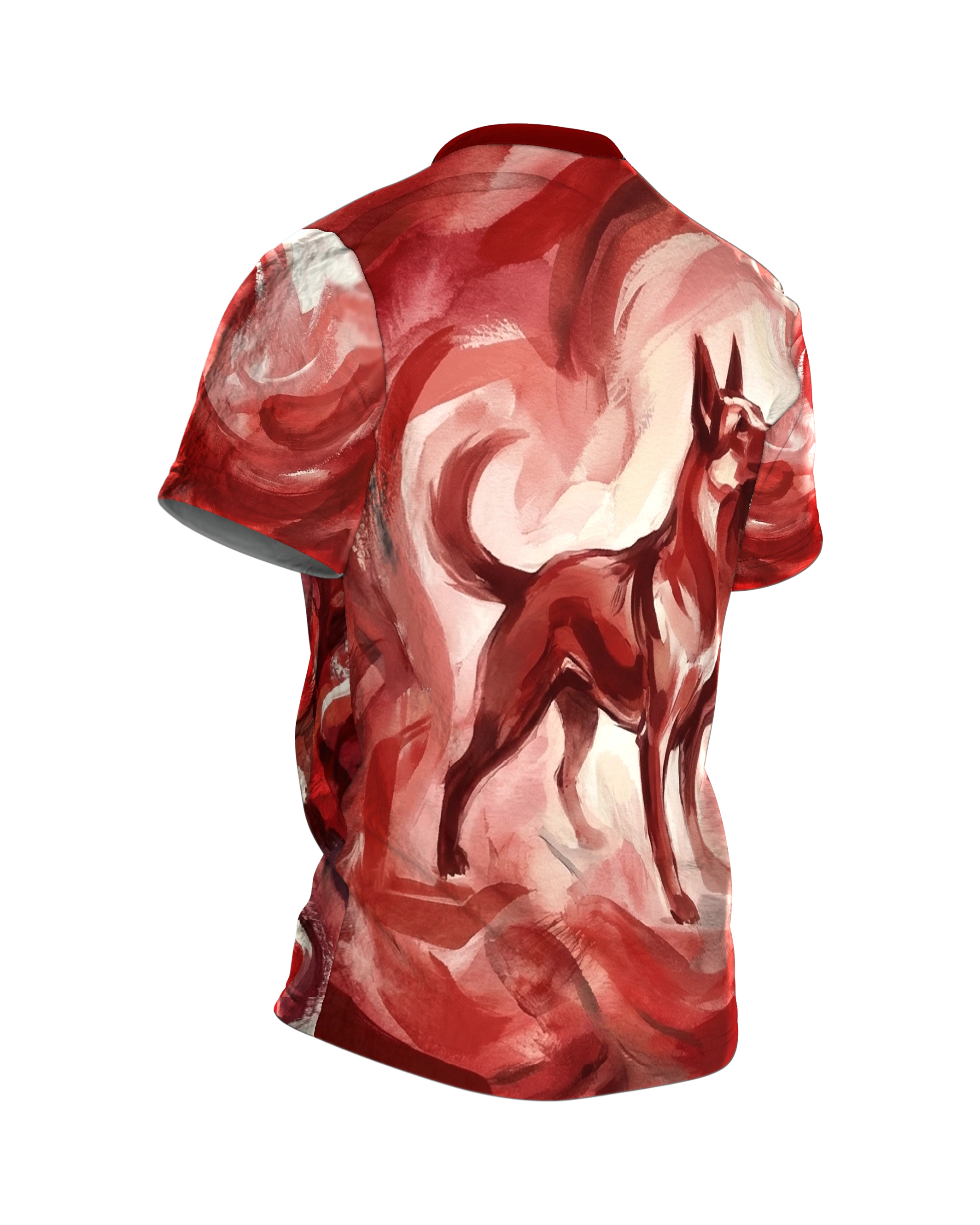 Feuriger Hund T-Shirt, expressive Malerei in Rot, Flammenwirbel vorn, Lichtfeld am Rücken, Rückseite schräg rechts