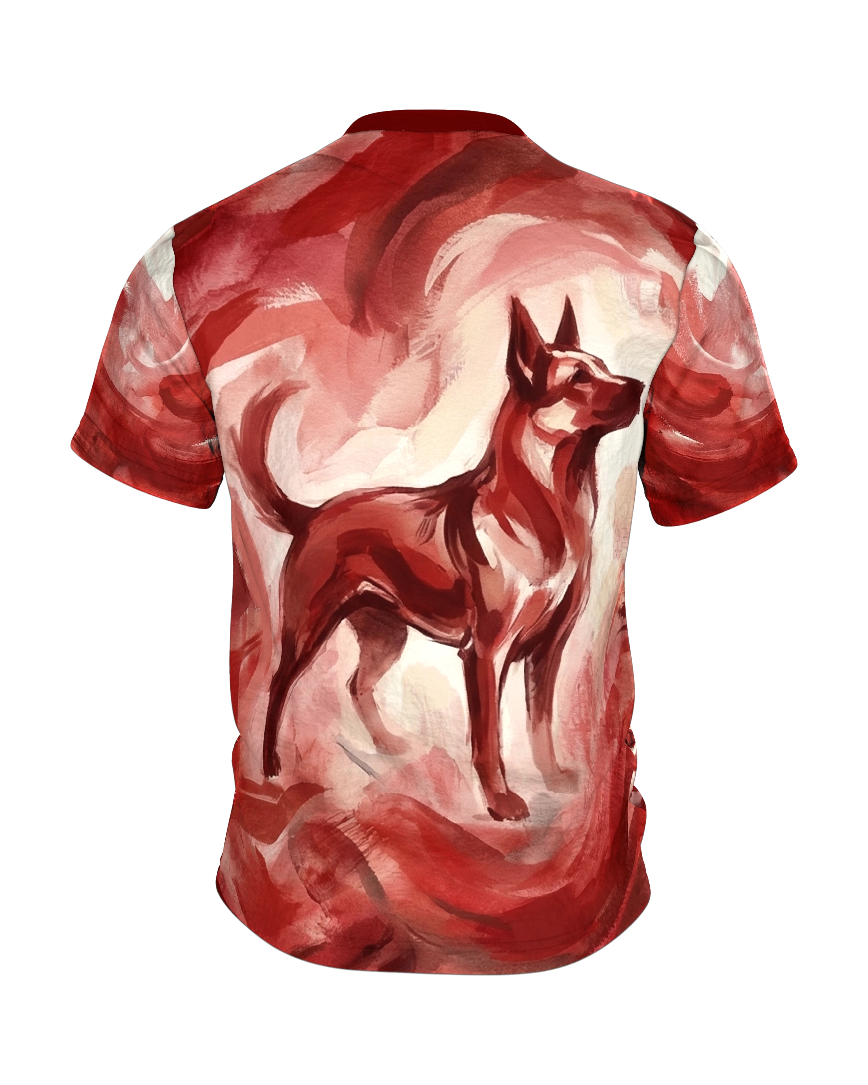Feuriger Hund T-Shirt, expressive Malerei in Rot, Flammenwirbel vorn, Lichtfeld am Rücken, Rückseite