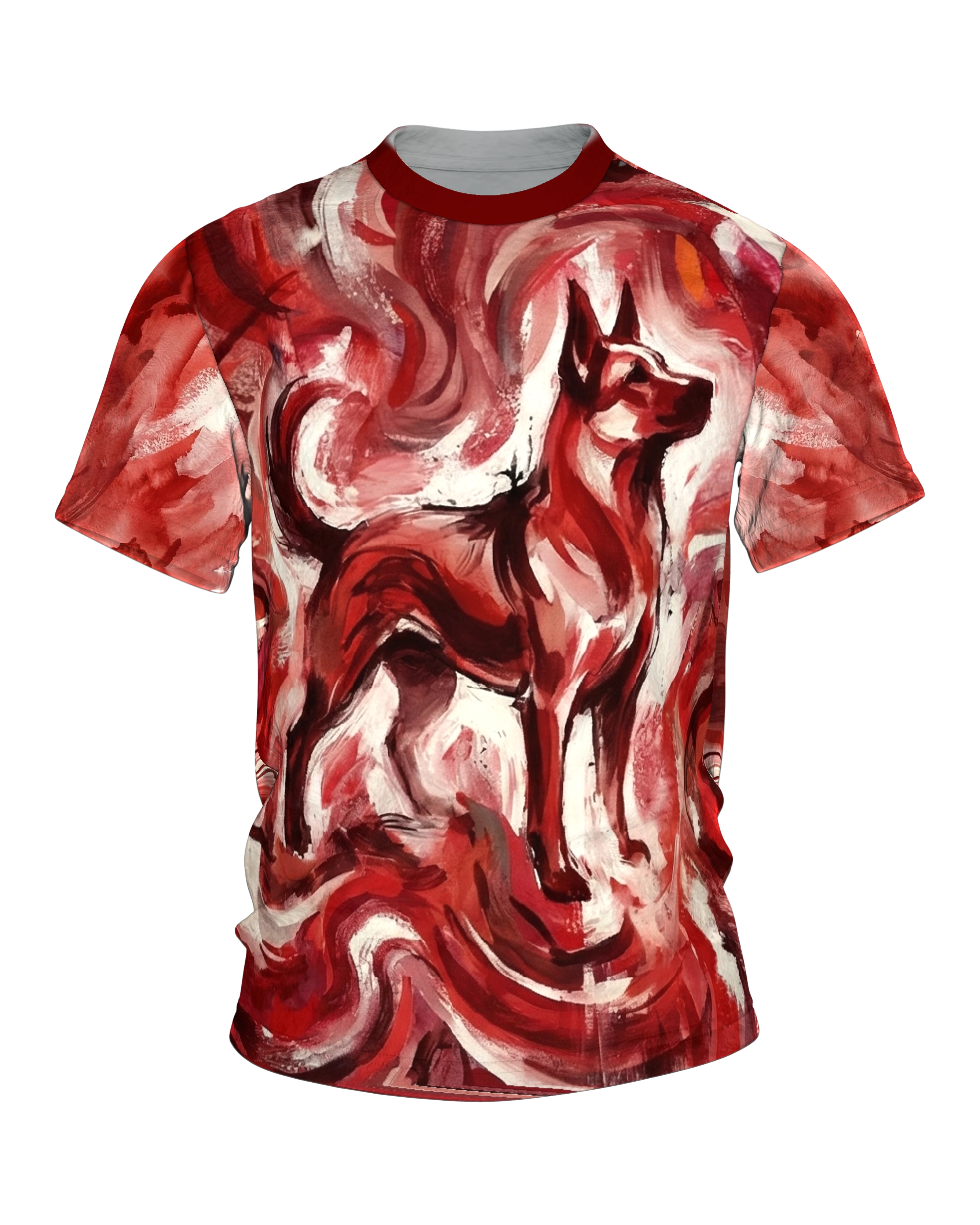 Feuriger Hund T-Shirt, expressive Malerei in Rot, Flammenwirbel vorn, Lichtfeld am Rücken
