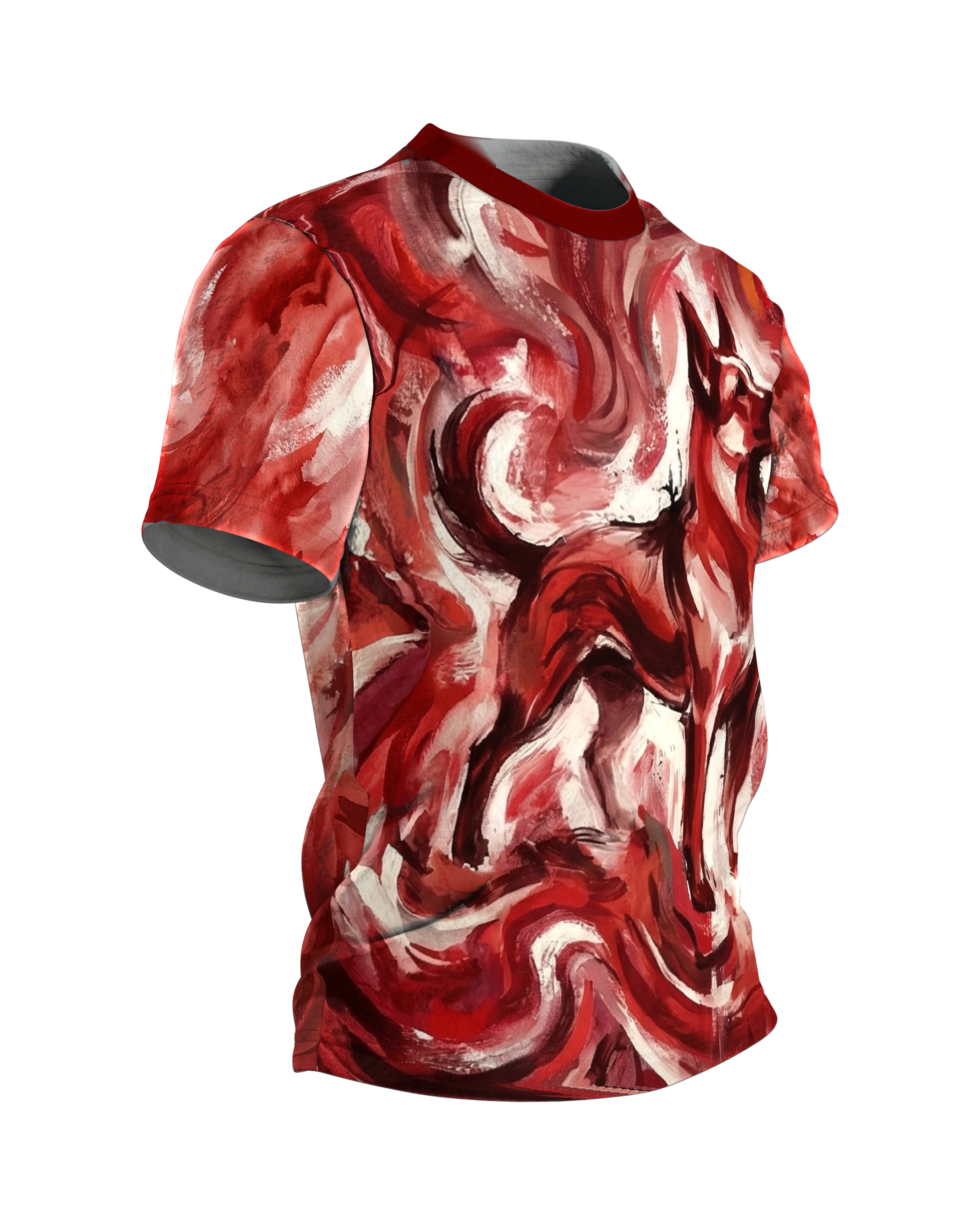 Feuriger Hund T-Shirt, expressive Malerei in Rot, Flammenwirbel vorn, Lichtfeld am Rücken, Seitenansicht links