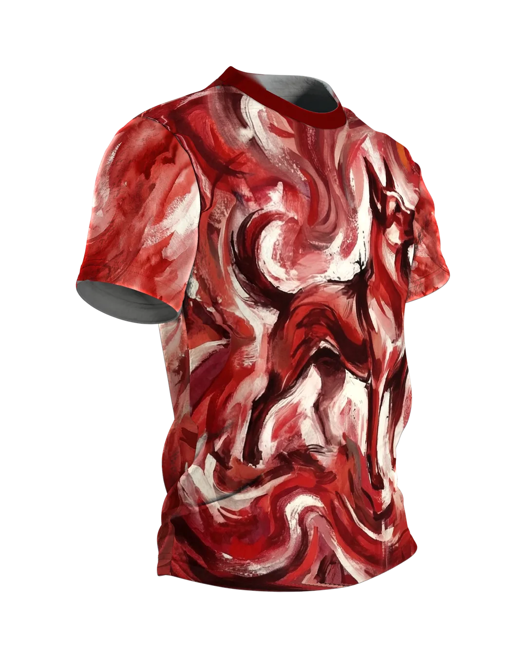 Feuriger Hund T-Shirt, expressive Malerei in Rot, Flammenwirbel vorn, Lichtfeld am Rücken, Seitenansicht links