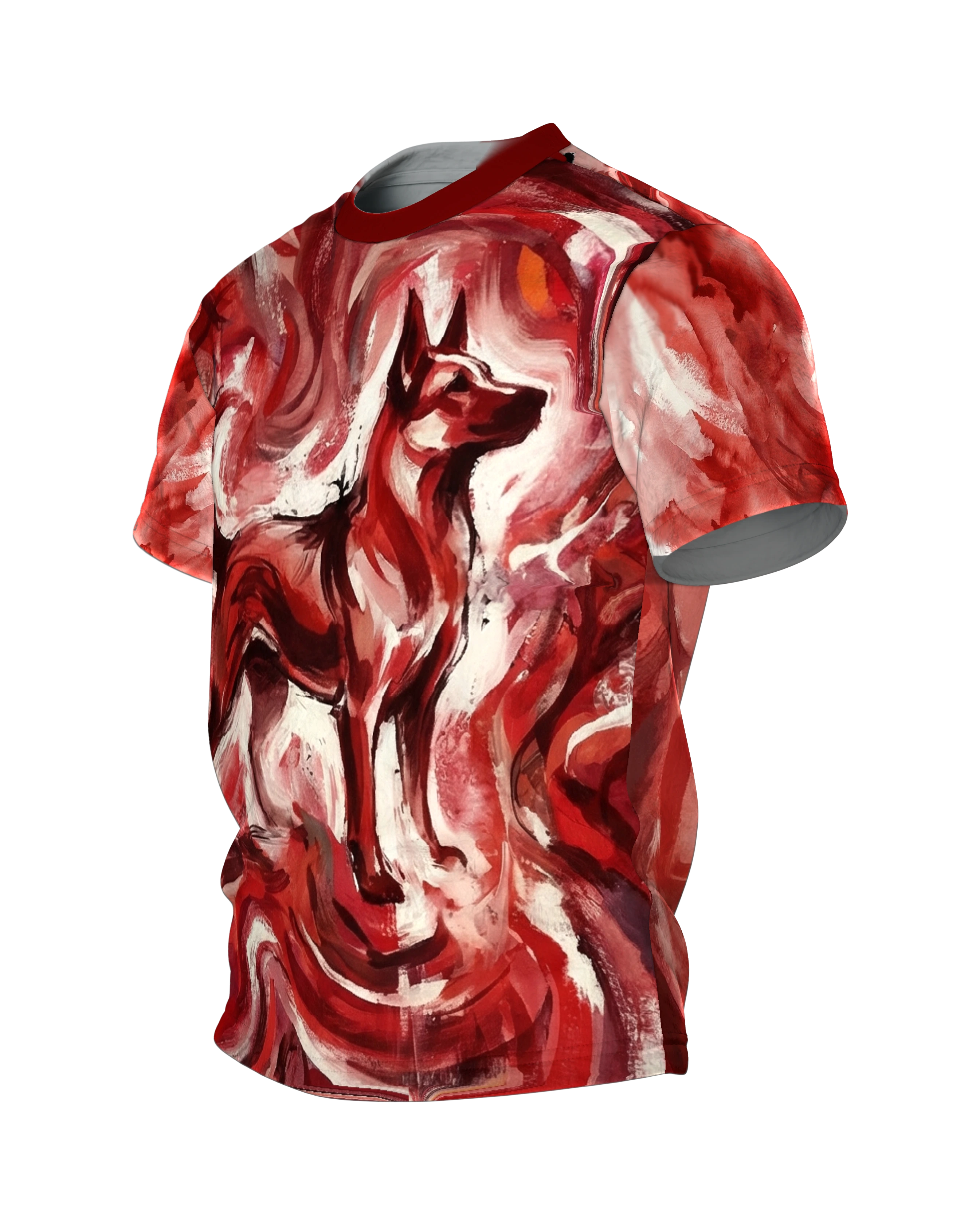Feuriger Hund T-Shirt, expressive Malerei in Rot, Flammenwirbel vorn, Lichtfeld am Rücken, Seitenansicht rechts