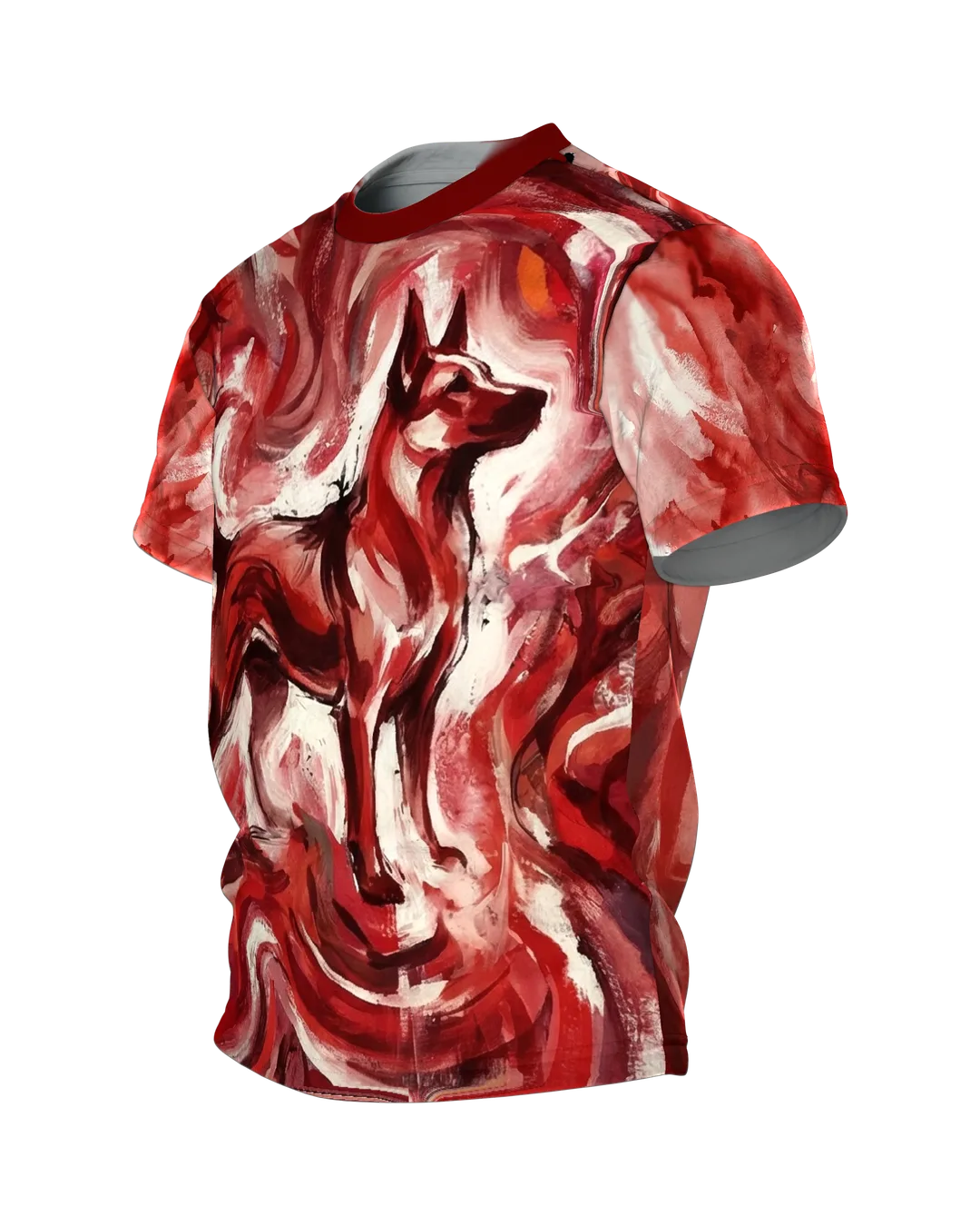 Feuriger Hund T-Shirt, expressive Malerei in Rot, Flammenwirbel vorn, Lichtfeld am Rücken, Seitenansicht rechts