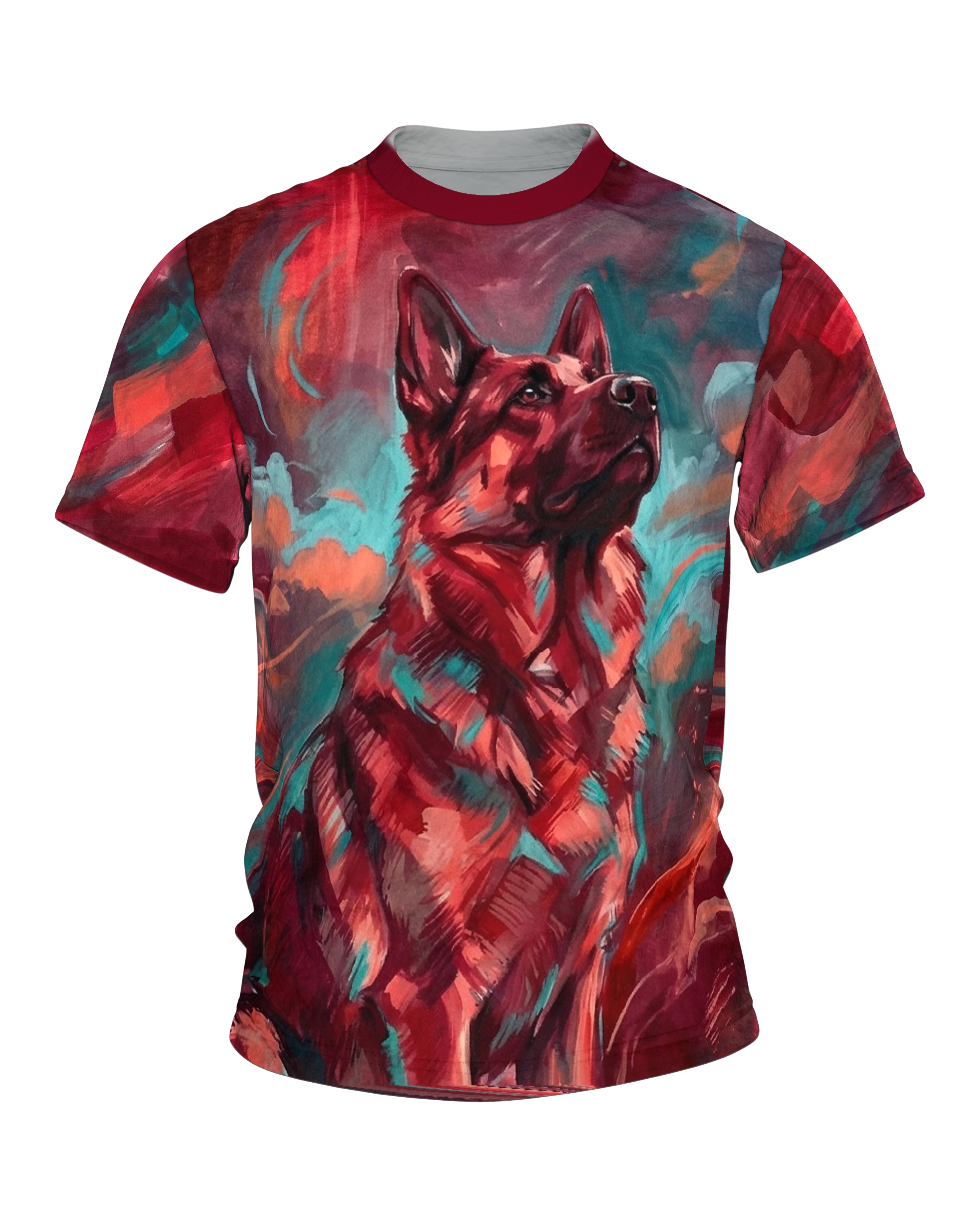 Schäferhund Porträt T-Shirt: Malerei in Abendrot und Türkis