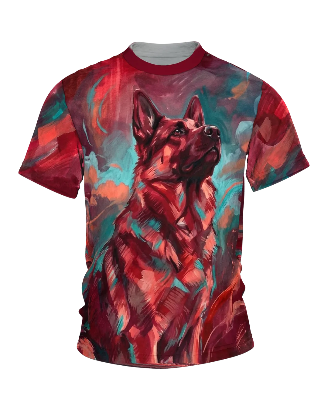 Schäferhund Porträt T-Shirt: Malerei in Abendrot und Türkis