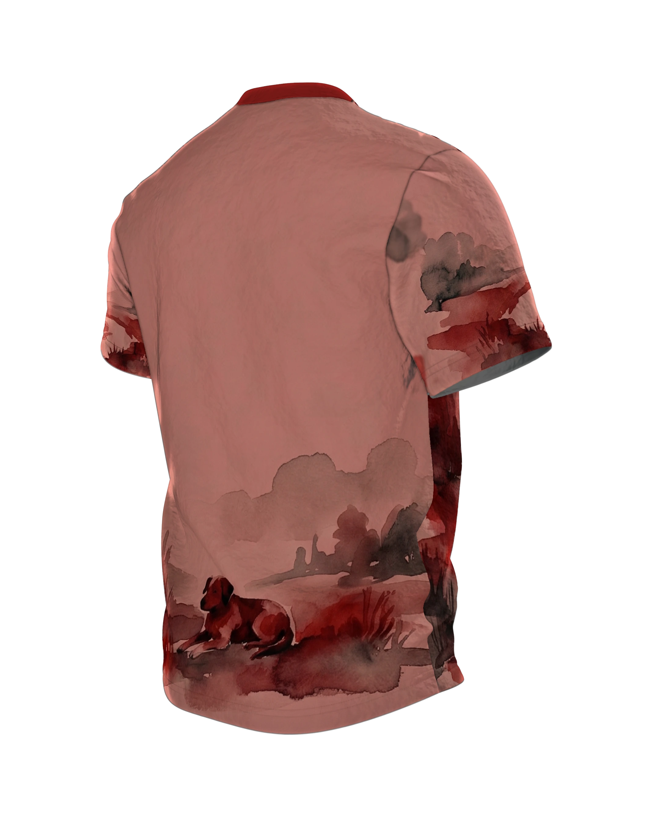 Fuchs Aquarell T-Shirt, Wanderer am Fluss in roter Landschaft, Rückseite schräg links