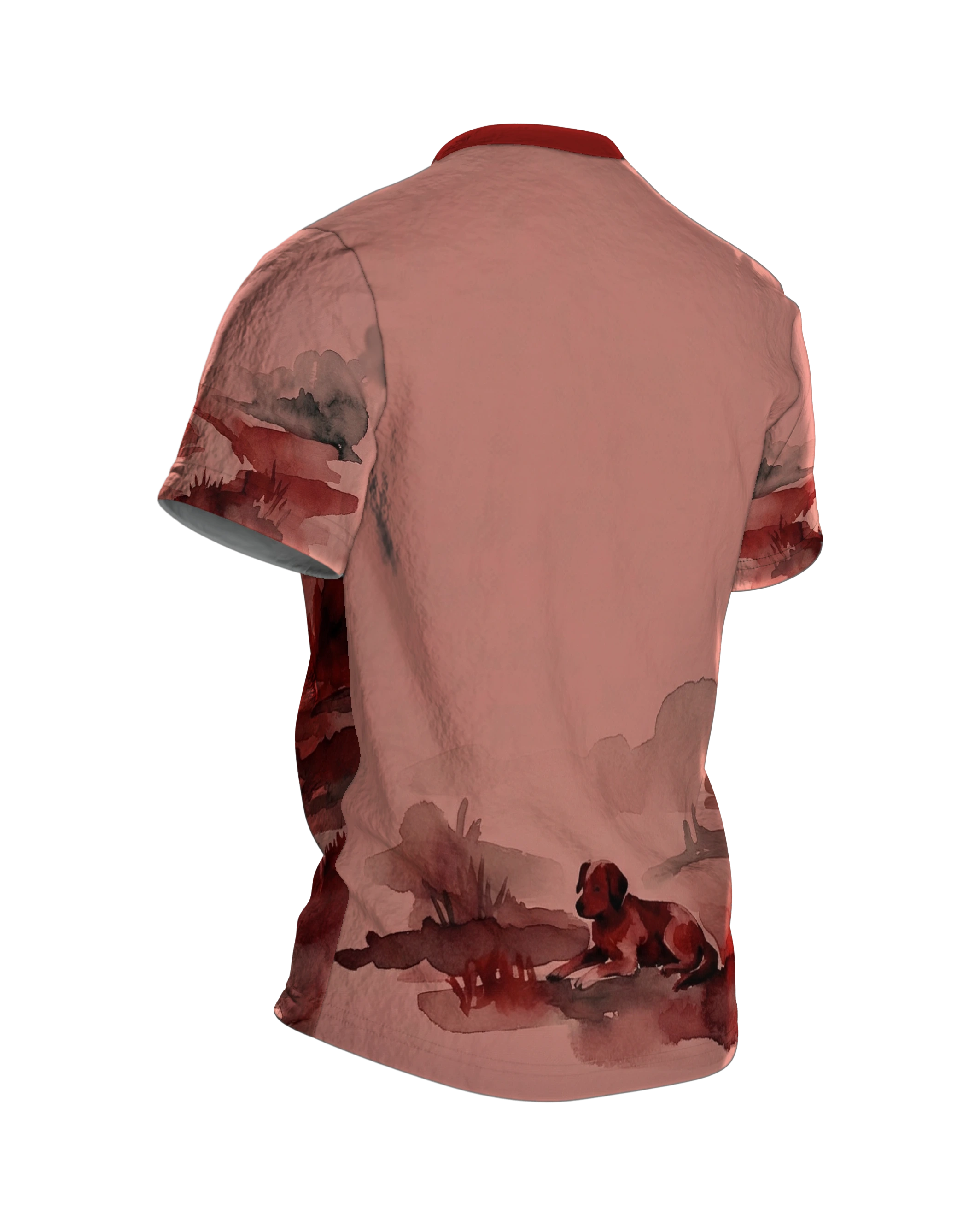 Fuchs Aquarell T-Shirt, Wanderer am Fluss in roter Landschaft, Rückseite schräg rechts