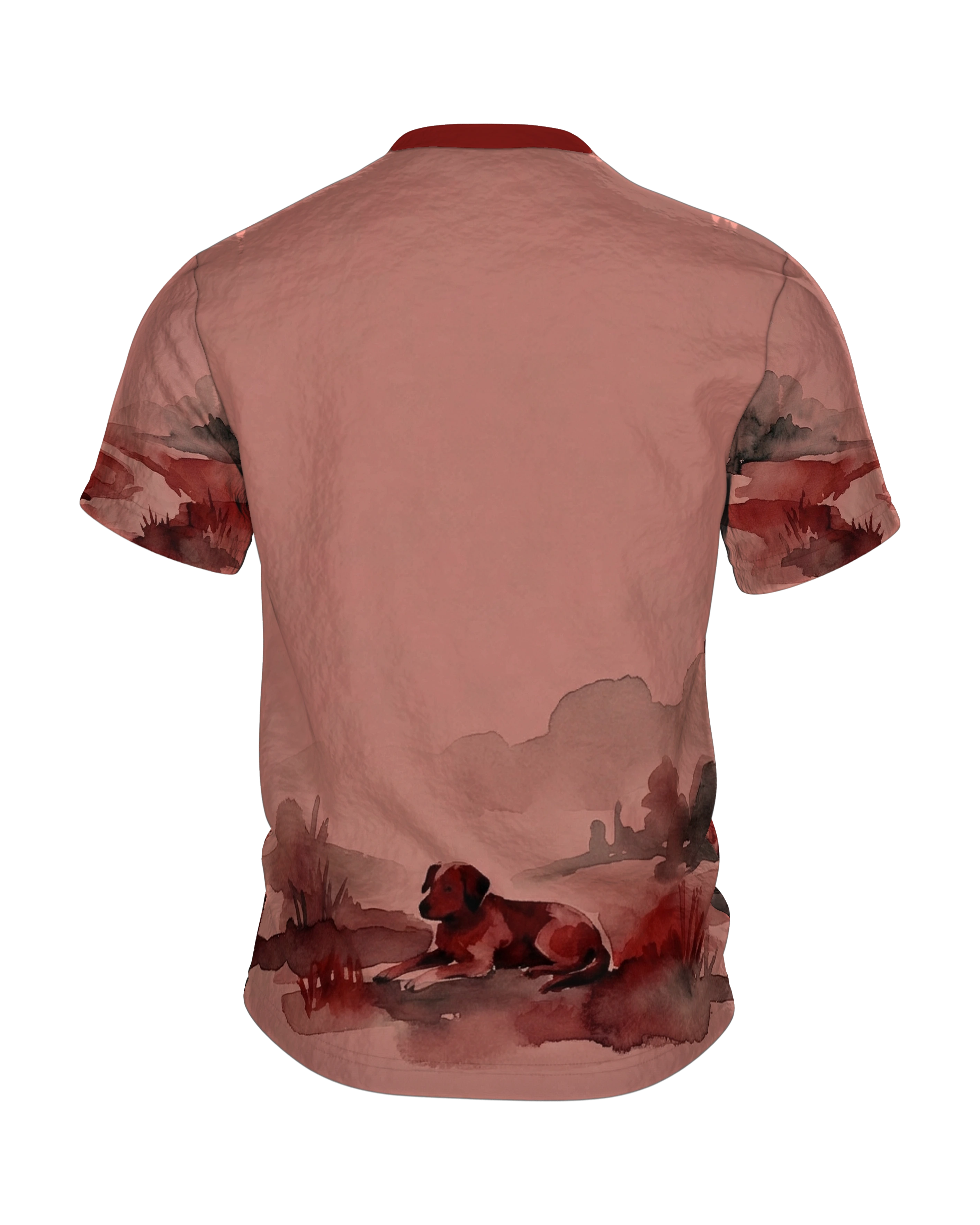 Fuchs Aquarell T-Shirt, Wanderer am Fluss in roter Landschaft, Rückseite