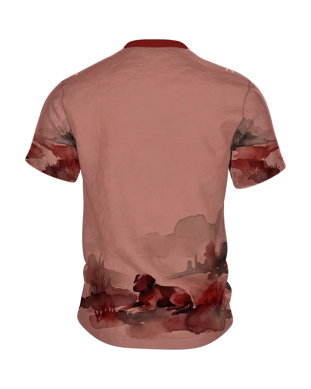 Fuchs Aquarell T-Shirt, Wanderer am Fluss in roter Landschaft, Rückseite