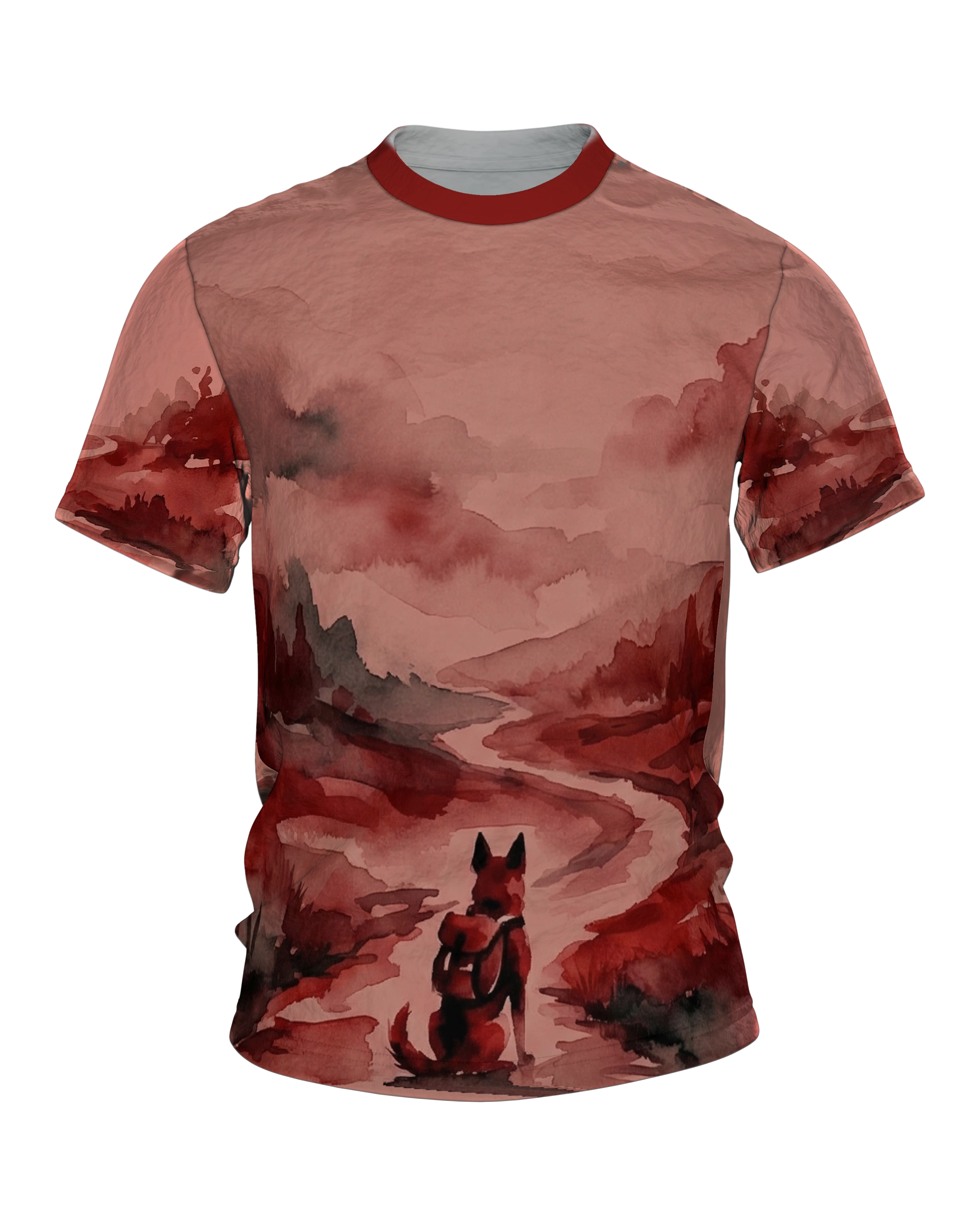 Fuchs Aquarell T-Shirt, Wanderer am Fluss in roter Landschaft, Vorderseite